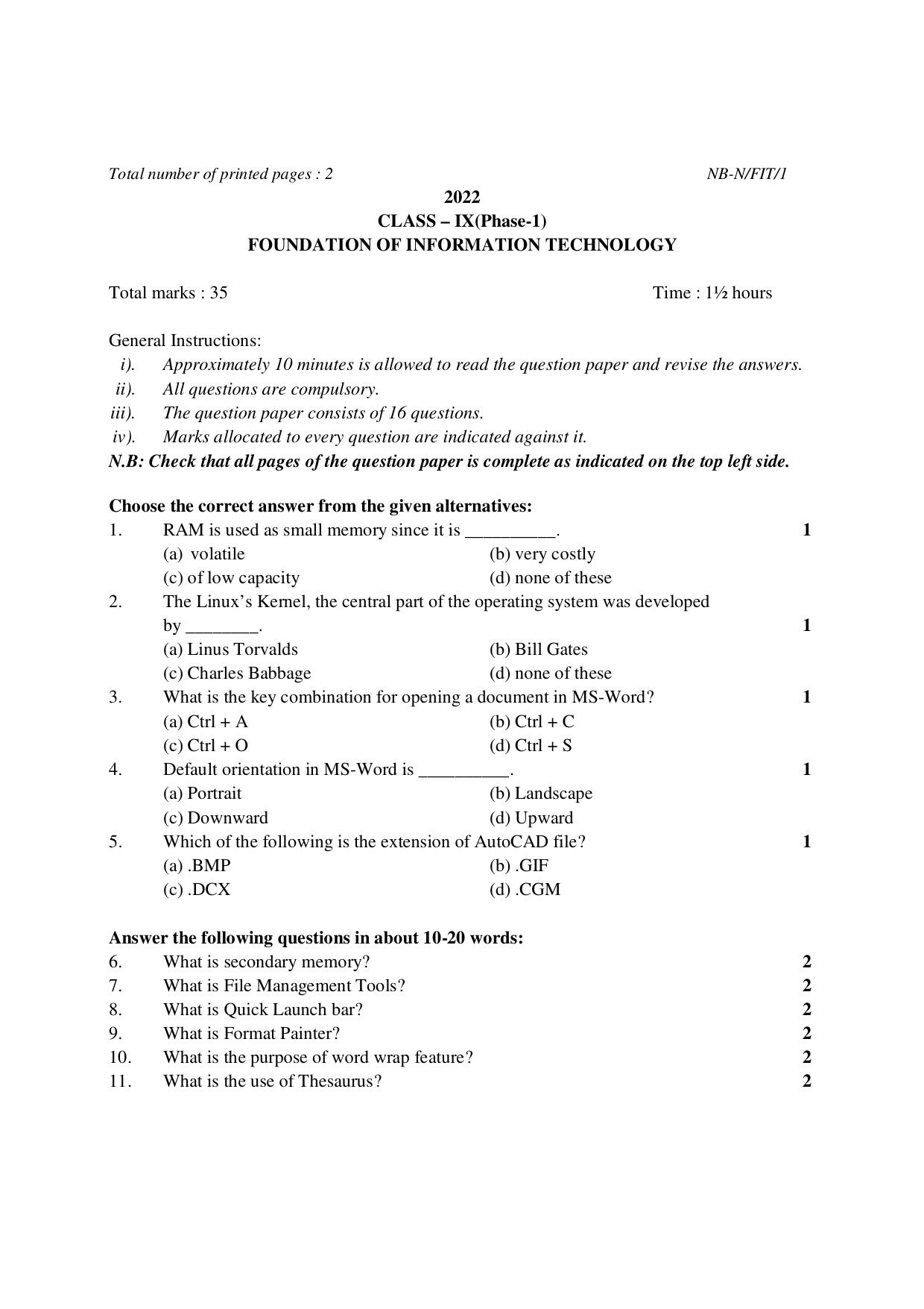 NBSE Class IX Final Examination 2022 Phase 1 Question Paper (All Subjects) - Page 31