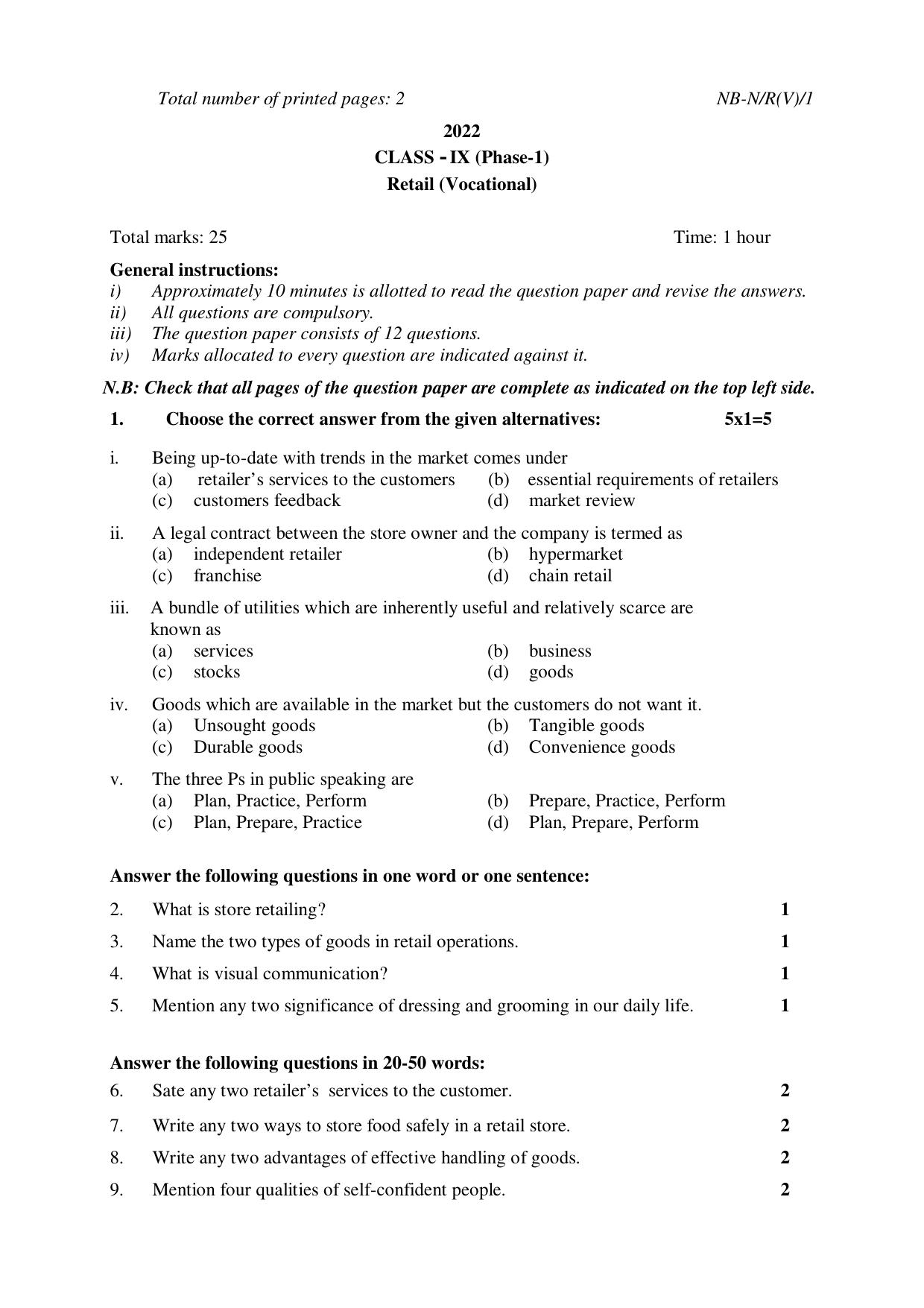 NBSE Class IX Final Examination 2022 Phase 1 Question Paper (All Subjects) - Page 39