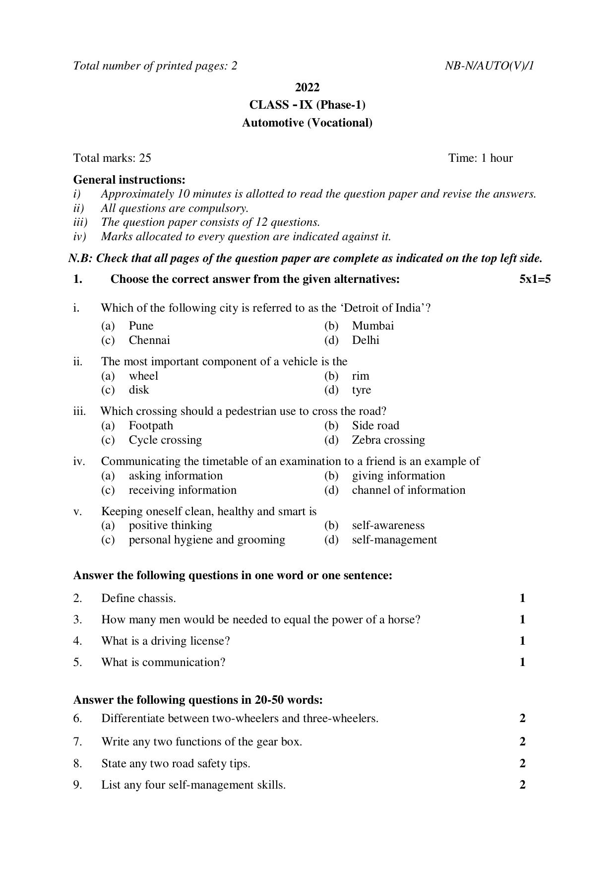 NBSE Class IX Final Examination 2022 Phase 1 Question Paper (All Subjects) - Page 49