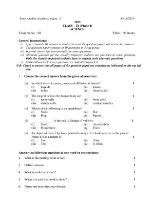 NBSE Class IX Final Examination 2022 Phase 1 Question Paper (All Subjects)
