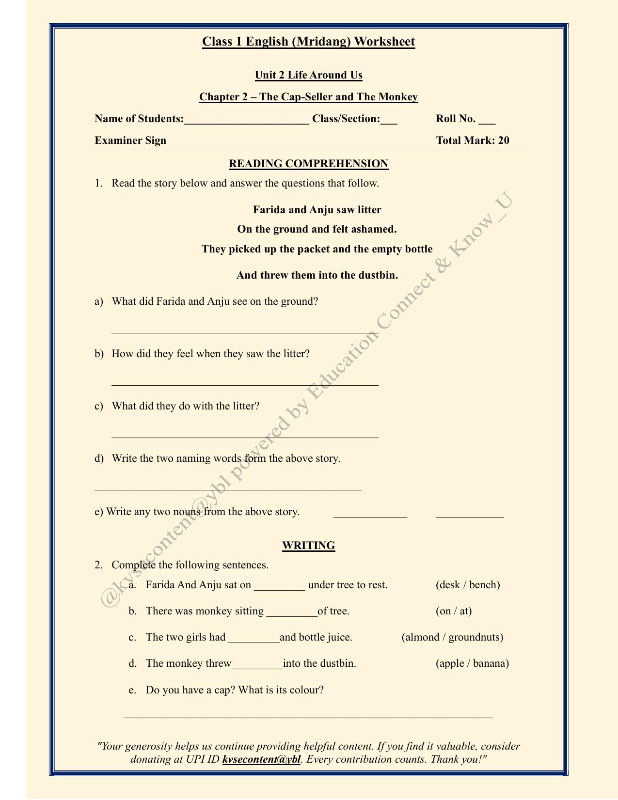 NCERT Class 1 English Mridang Worksheets - Chapter 4- The Cap-Seller And The Monkeys - Page 1