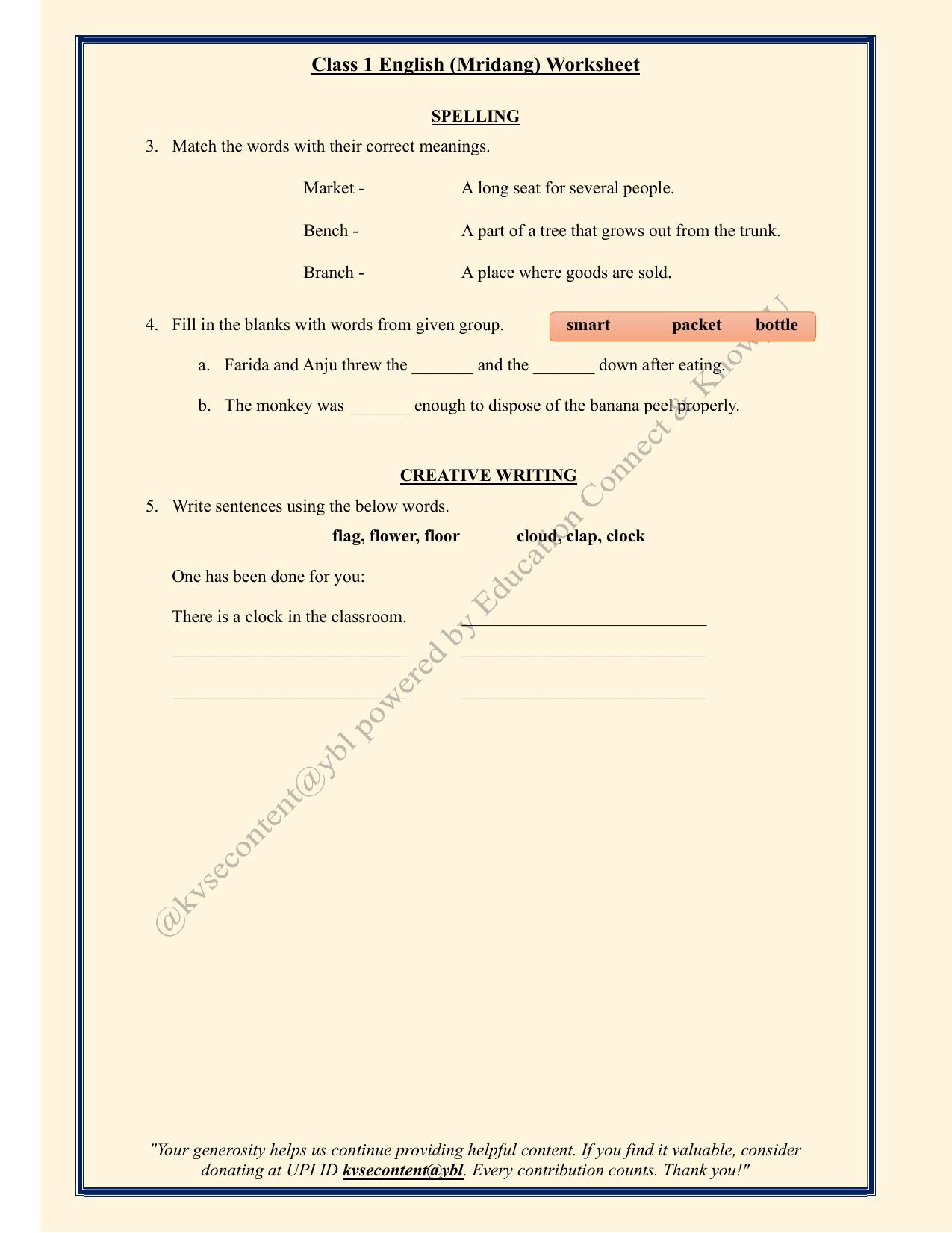 NCERT Class 1 English Mridang Worksheets - Chapter 4- The Cap-Seller And The Monkeys - Page 2