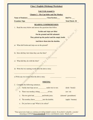 NCERT Class 1 English Mridang Worksheets - Chapter 4- The Cap-Seller And The Monkeys