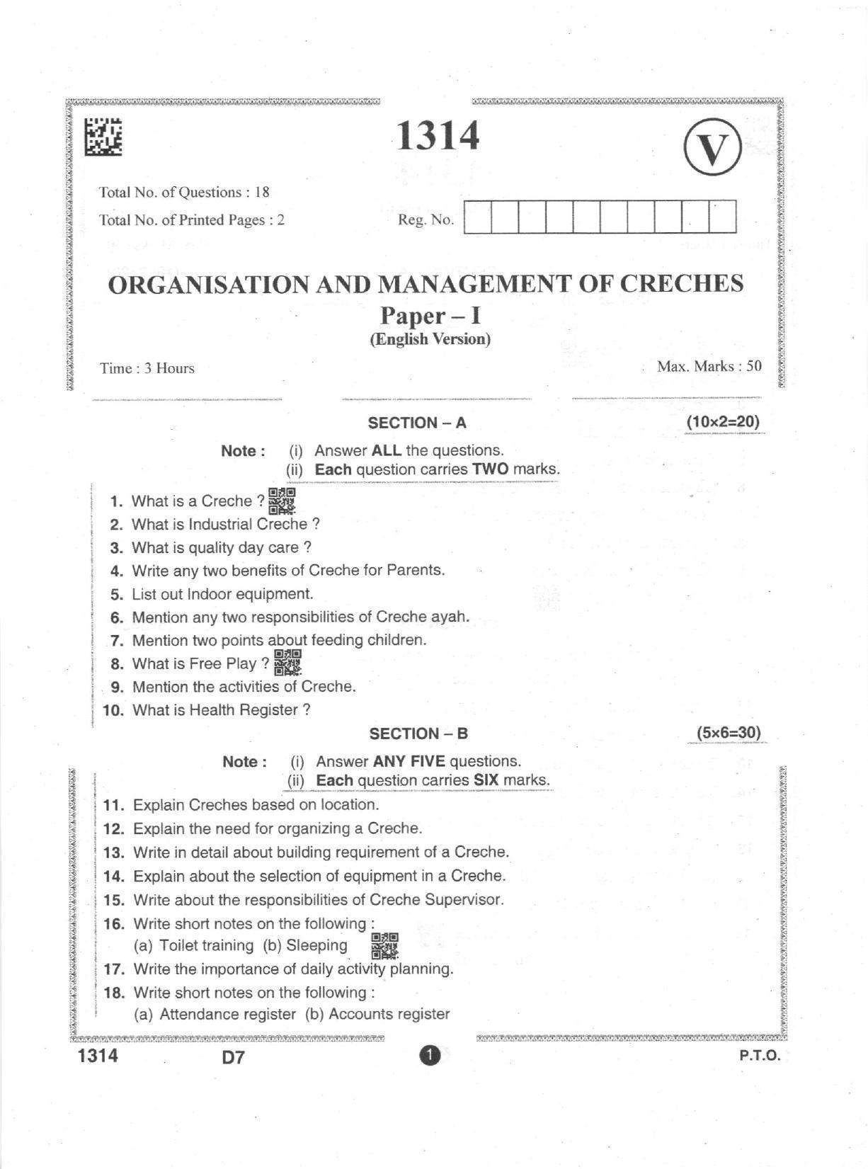 AP Intermediate 2nd Year Vocational Question Paper September-2021 - Organisation_and_Management_of_Creches-I - Page 1