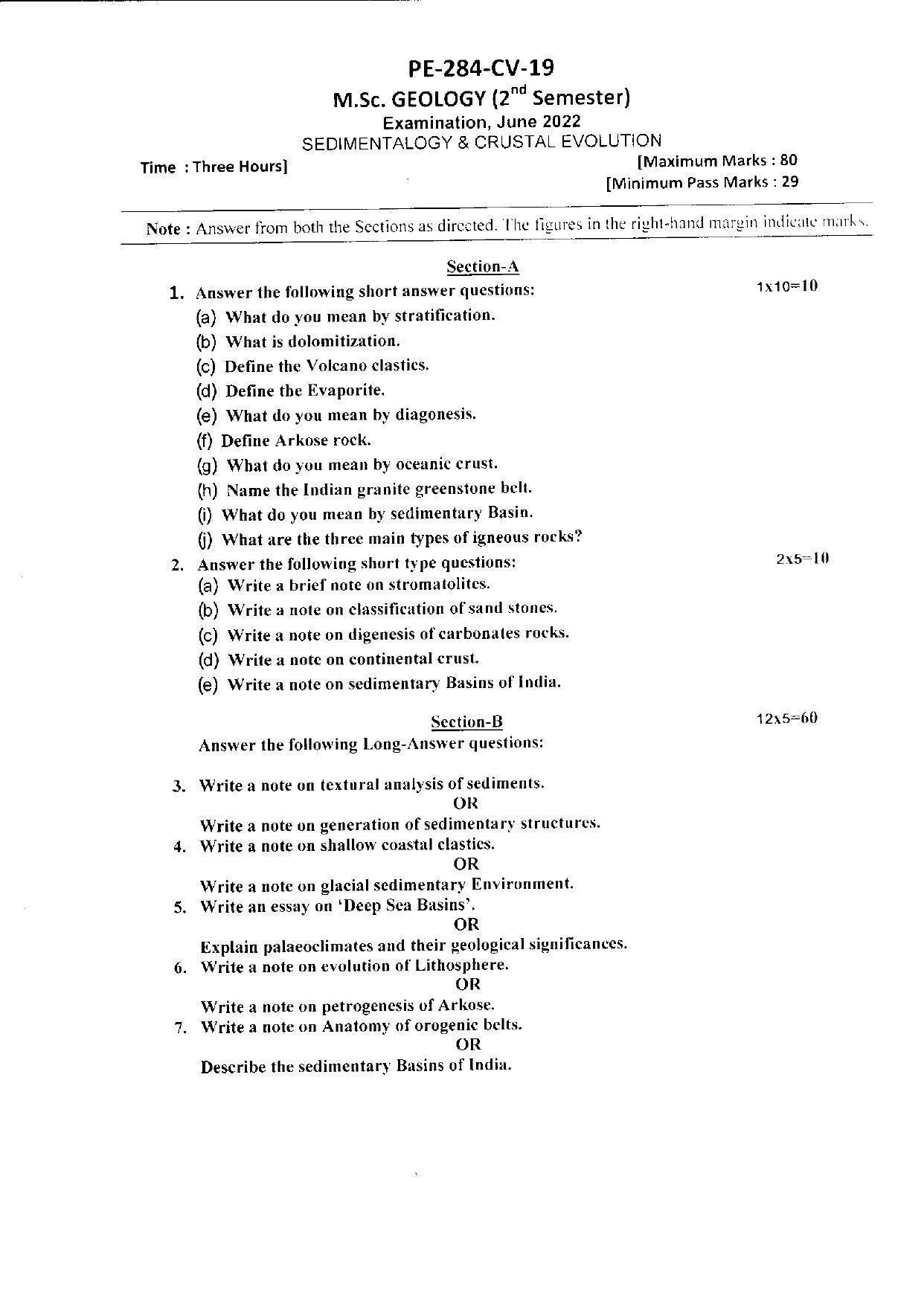 Bilaspur University Question Paper June 2022:M.Sc. Geology (Second Semester) Sedimentalogy & Crustal Evolution Paper 1 - Page 1