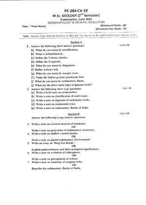 Bilaspur University Question Paper June 2022:M.Sc. Geology (Second Semester) Sedimentalogy & Crustal Evolution Paper 1