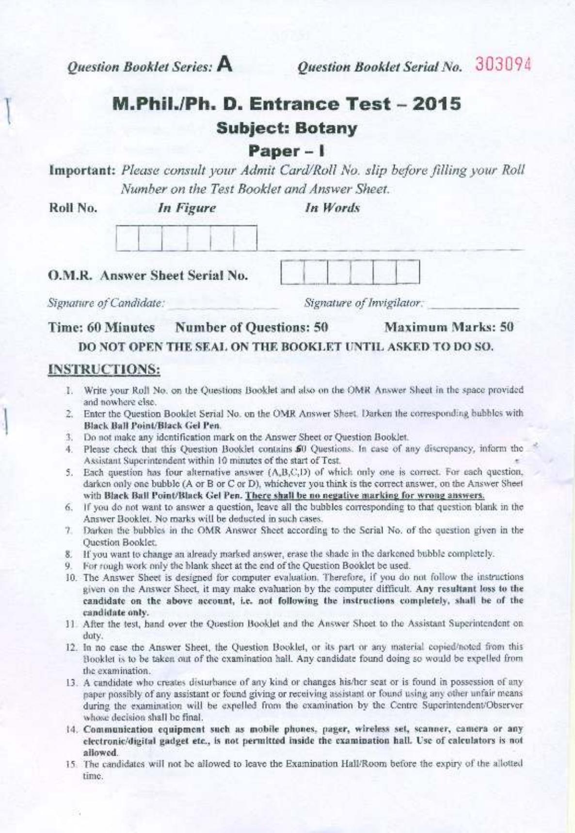 PU MPET Botany 2015 Question Paper - Page 1