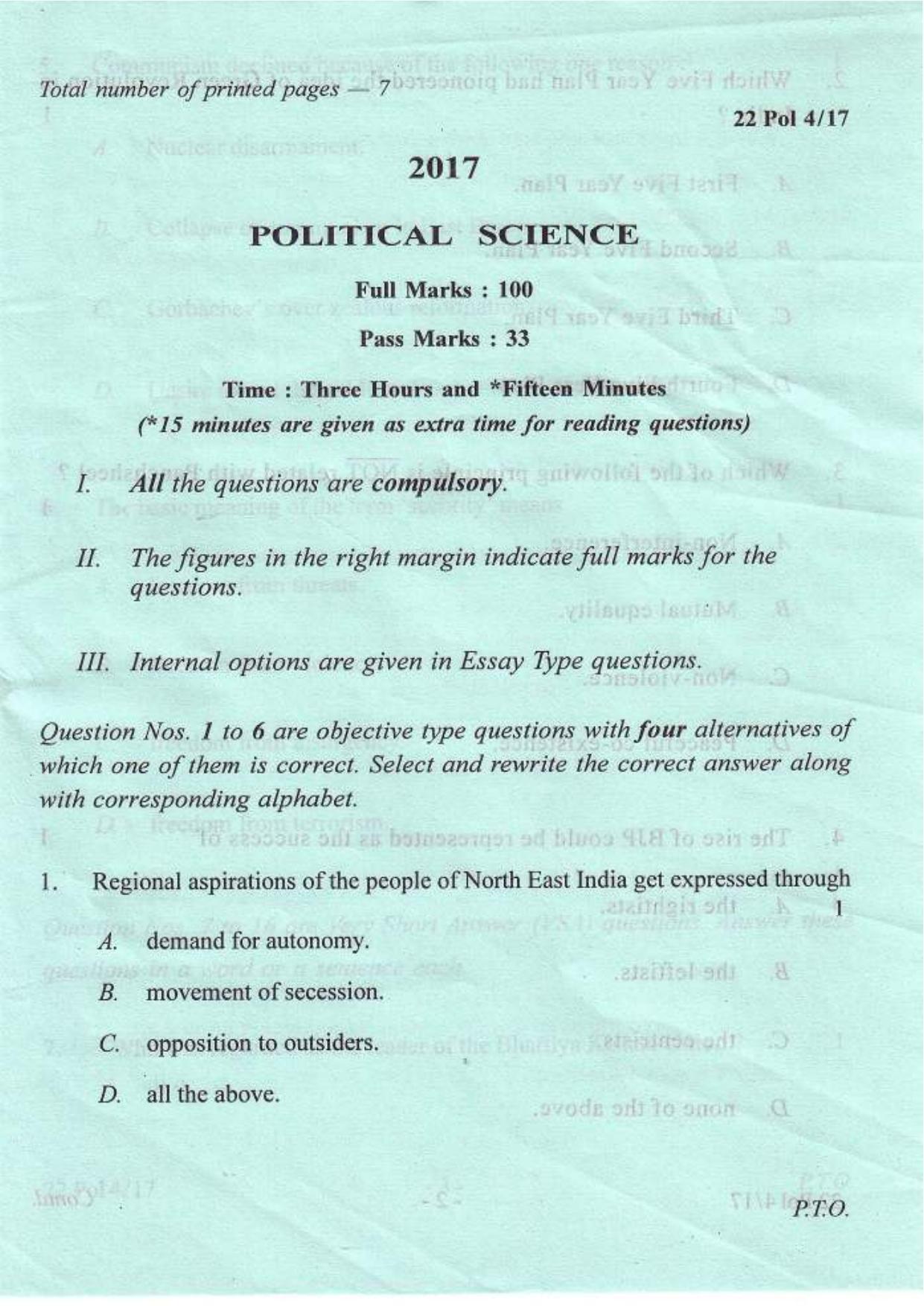 COHSEM Class 12 Political Science 2017 Question Papers - Page 1