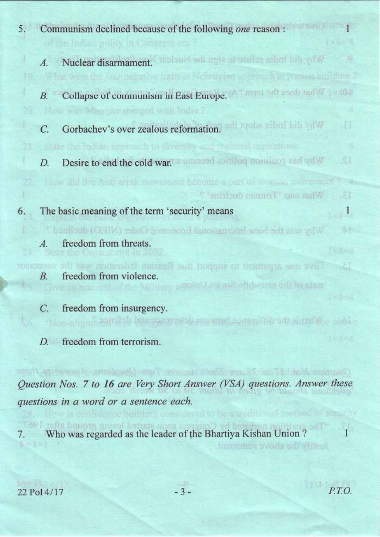 COHSEM Class 12 Political Science 2017 Question Papers - Page 3