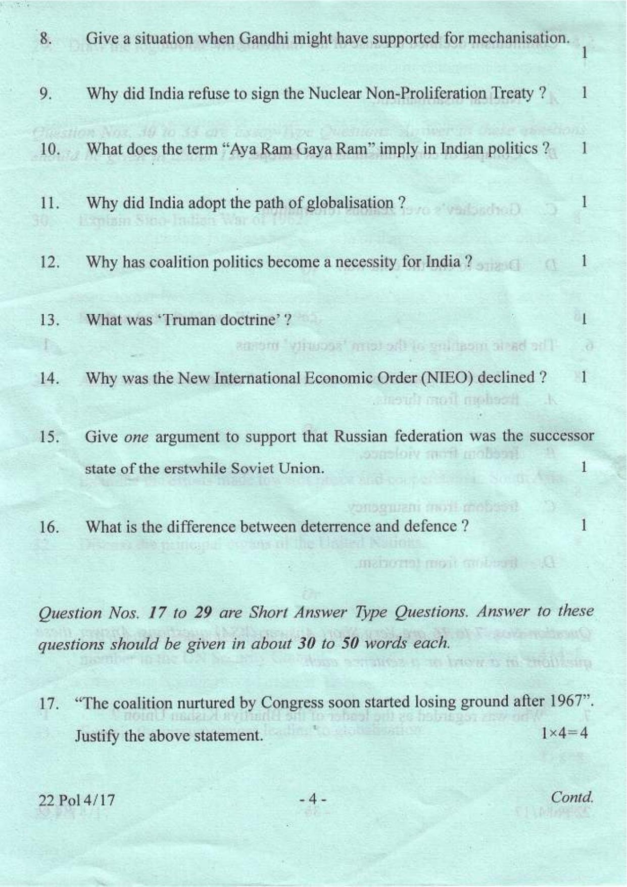 COHSEM Class 12 Political Science 2017 Question Papers - Page 4