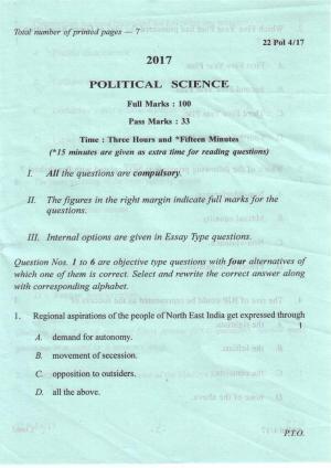 COHSEM Class 12 Political Science 2017 Question Papers