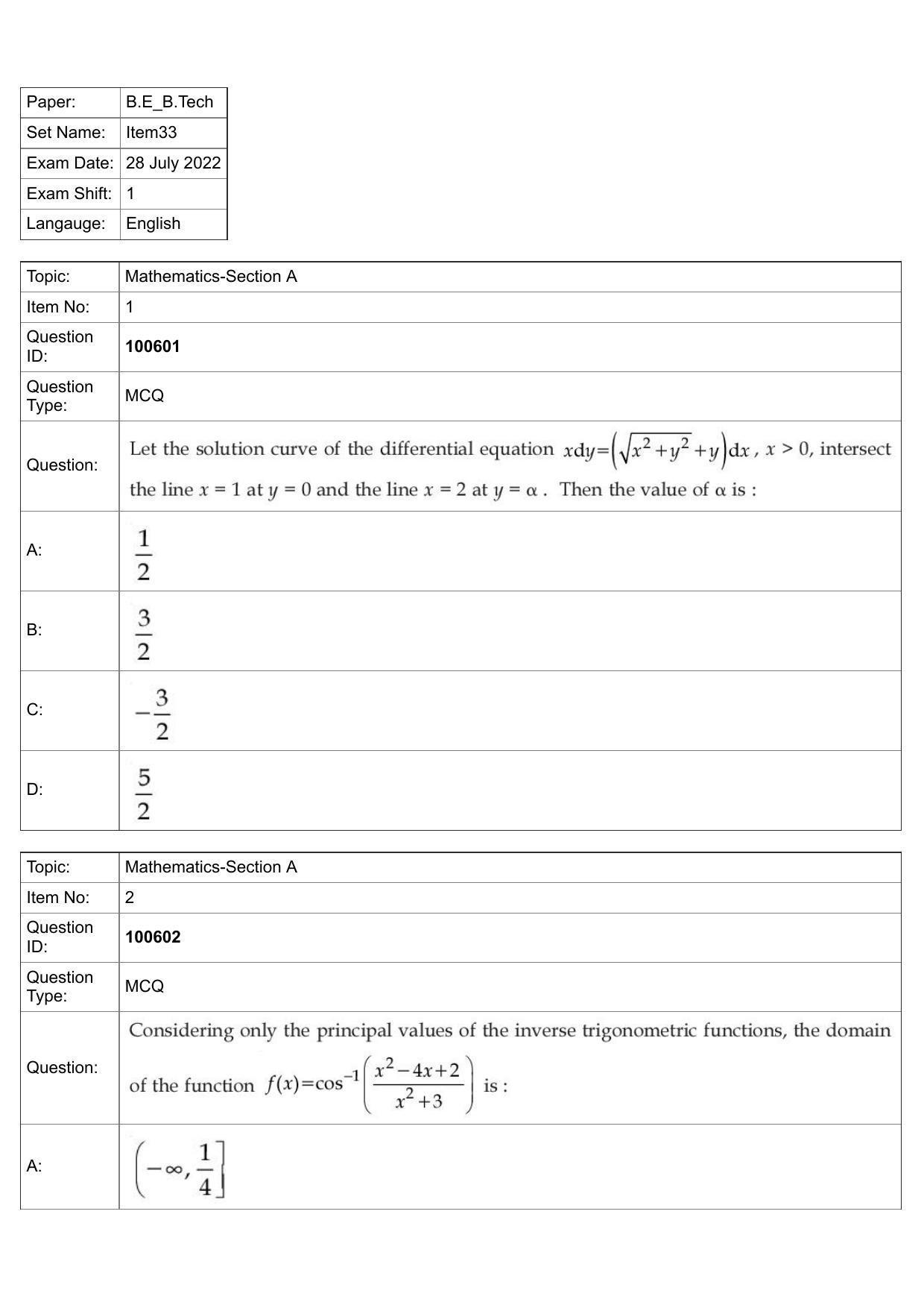 JEE Mains 2022: BTech English (Shift 1) 28-07-2022 Question Paper - Page 1