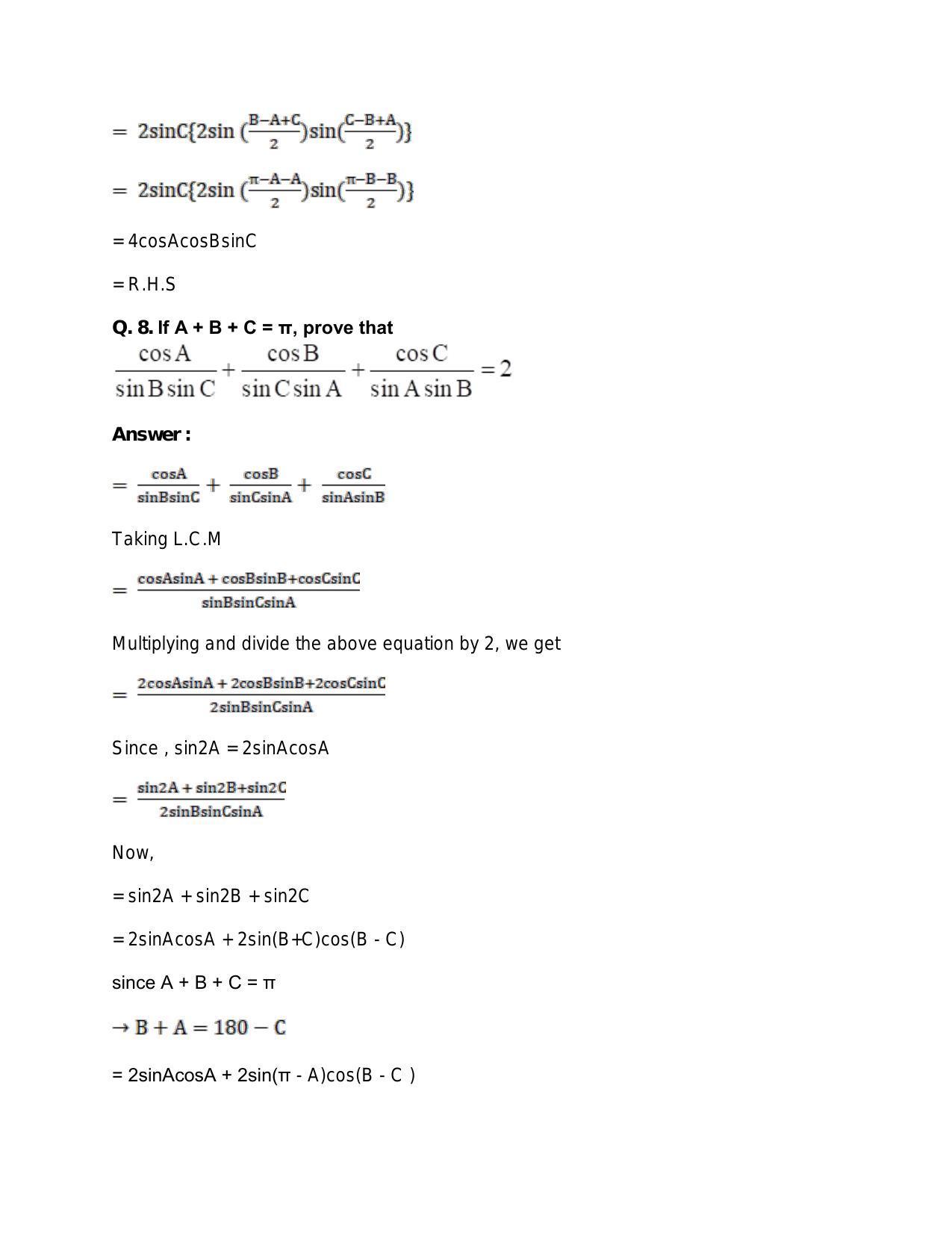 Chapter 16: Conditional Identities Involving Angles of a Triangle: RS Aggarwal Class 11 Solutions  - Page 9