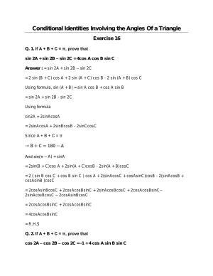 Chapter 16: Conditional Identities Involving Angles of a Triangle: RS Aggarwal Class 11 Solutions 