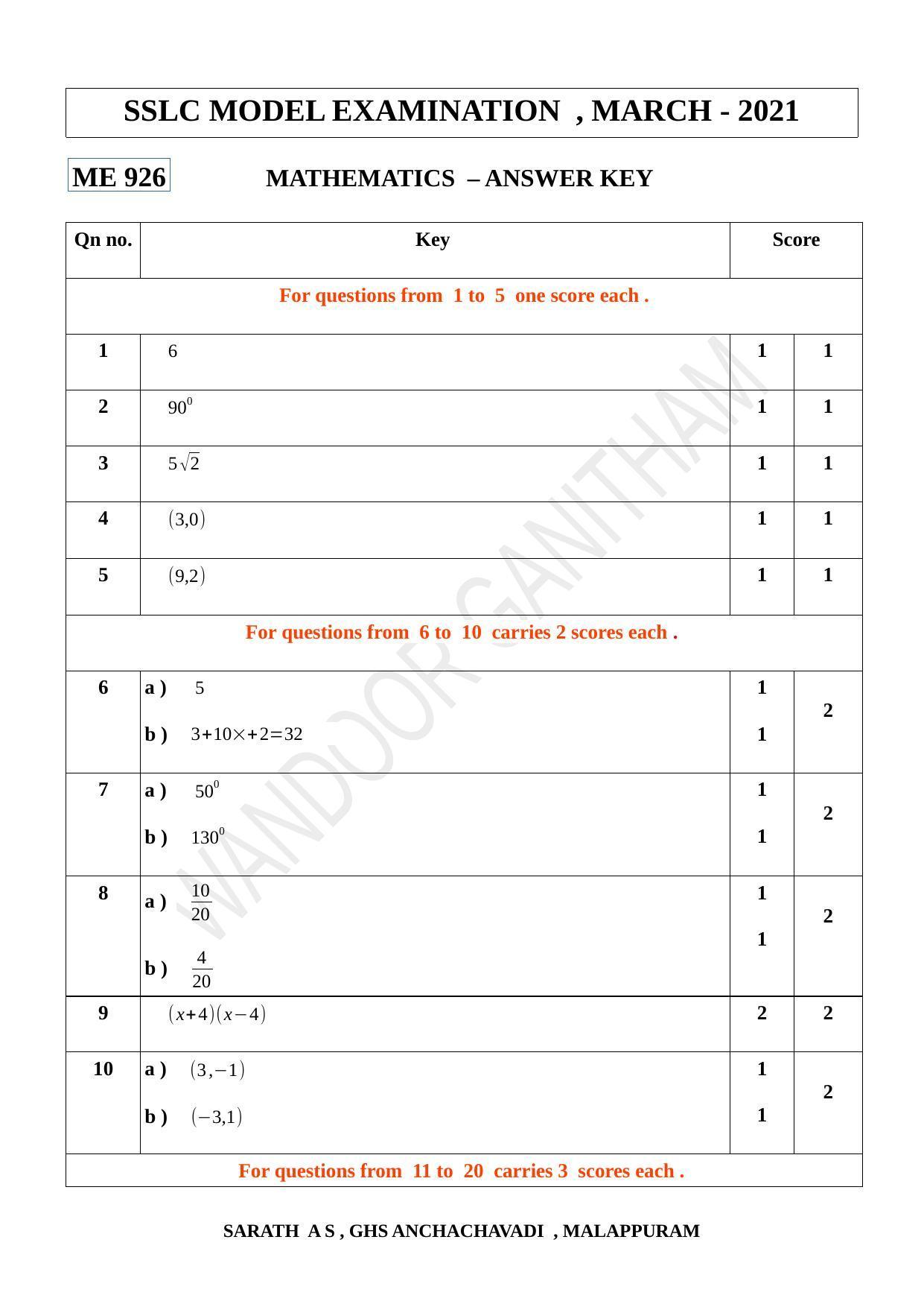 Kerala SSLC 2021 Maths Answer key (EM) (Model) - Page 1