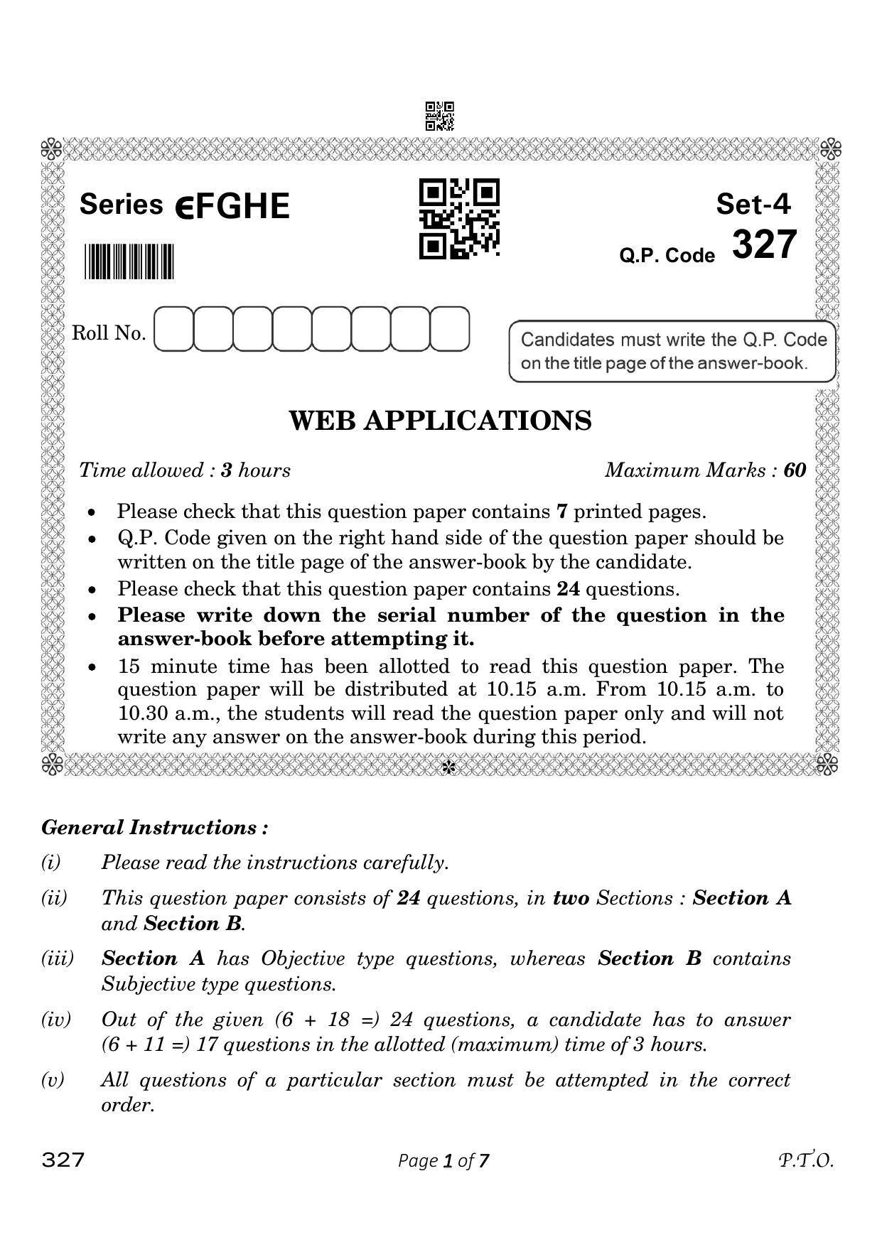 CBSE Class 12 327 Web Applications 2023 Question Paper - Page 1