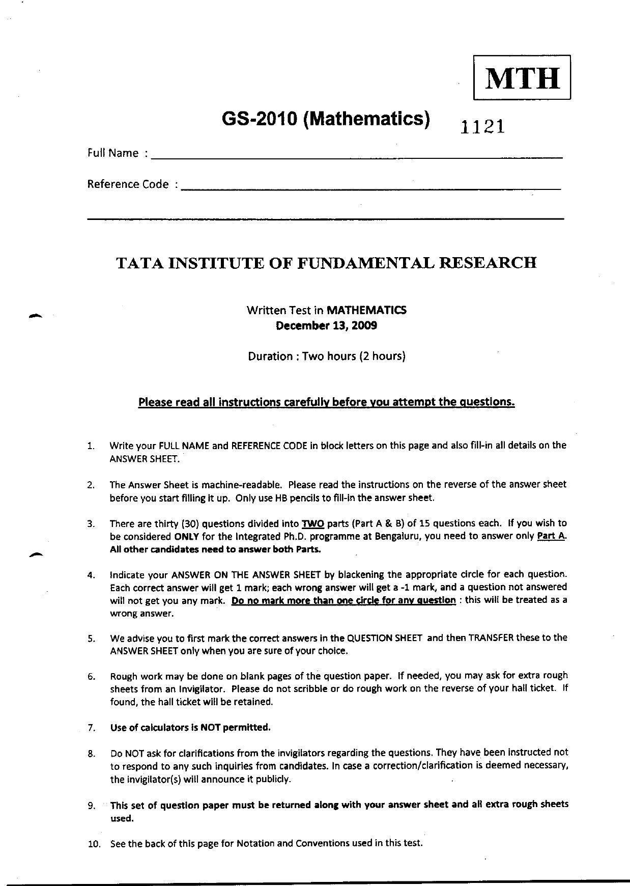 TIFR GS 2010 Mathematics Question Paper - Page 1