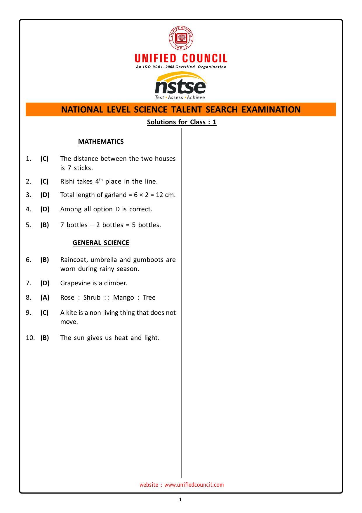 2023 Class 1 NSTSE Key & Solutions - Page 1