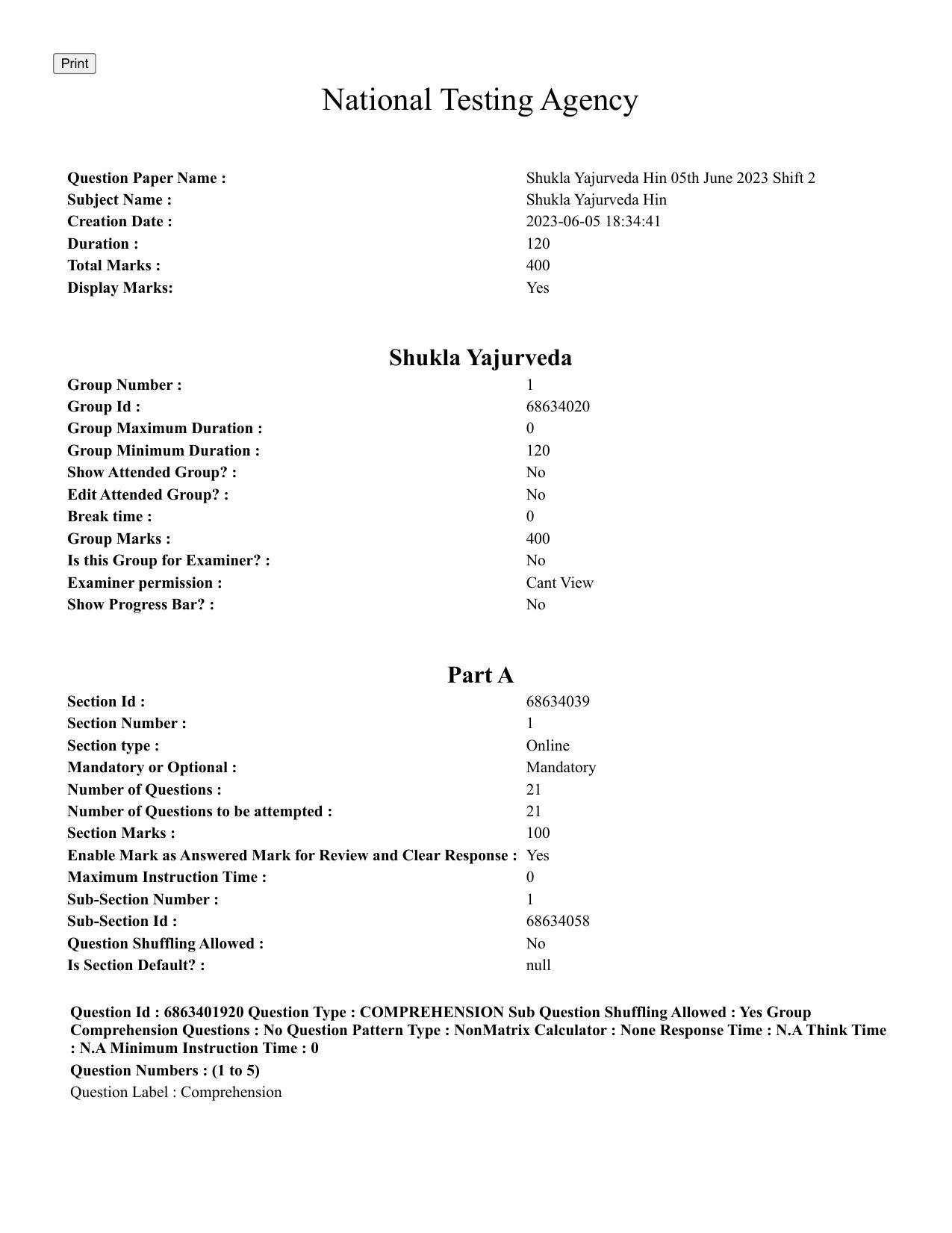 CUET PG 2023: ACQP21 – Shukla Yajurveda (BHU) (Hindi) - Shift 2 (5-06-2023) Question Paper - Page 1