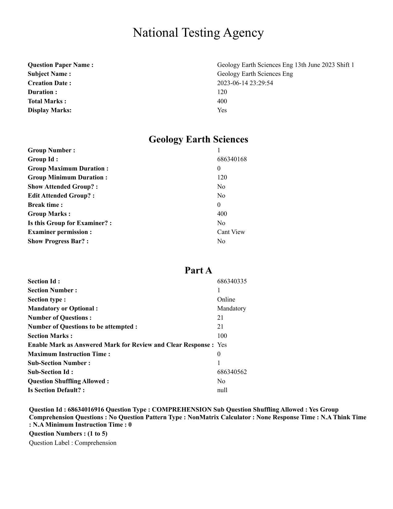 CUET PG 2023: SCQP14 – Geology , Earth Sciences(ENG) - Shift 1 (13-06-2023) Question Paper  - Page 1