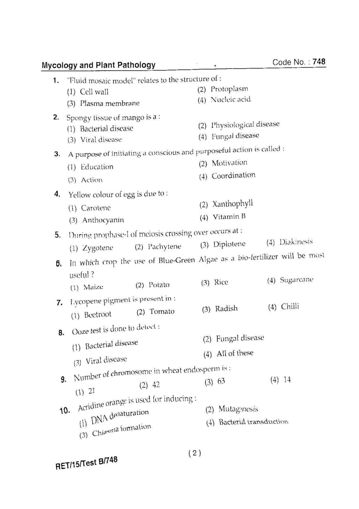 BHU RET MYCOLOGY & PLANT PATHOLOGY 2015 Question Paper - Page 4