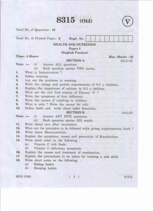 AP Inter 1st Year Health and Nutrition-I (Old) May-2019-Vocational Question Paper