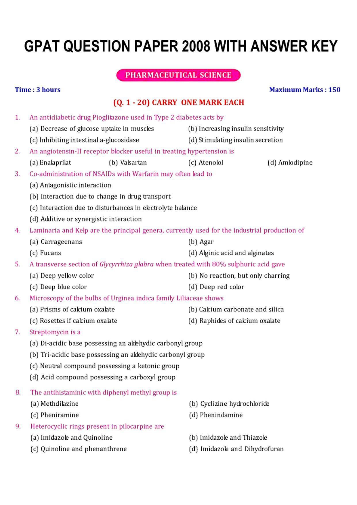 GPAT 2008 Question Paper with Answer Key - Page 1