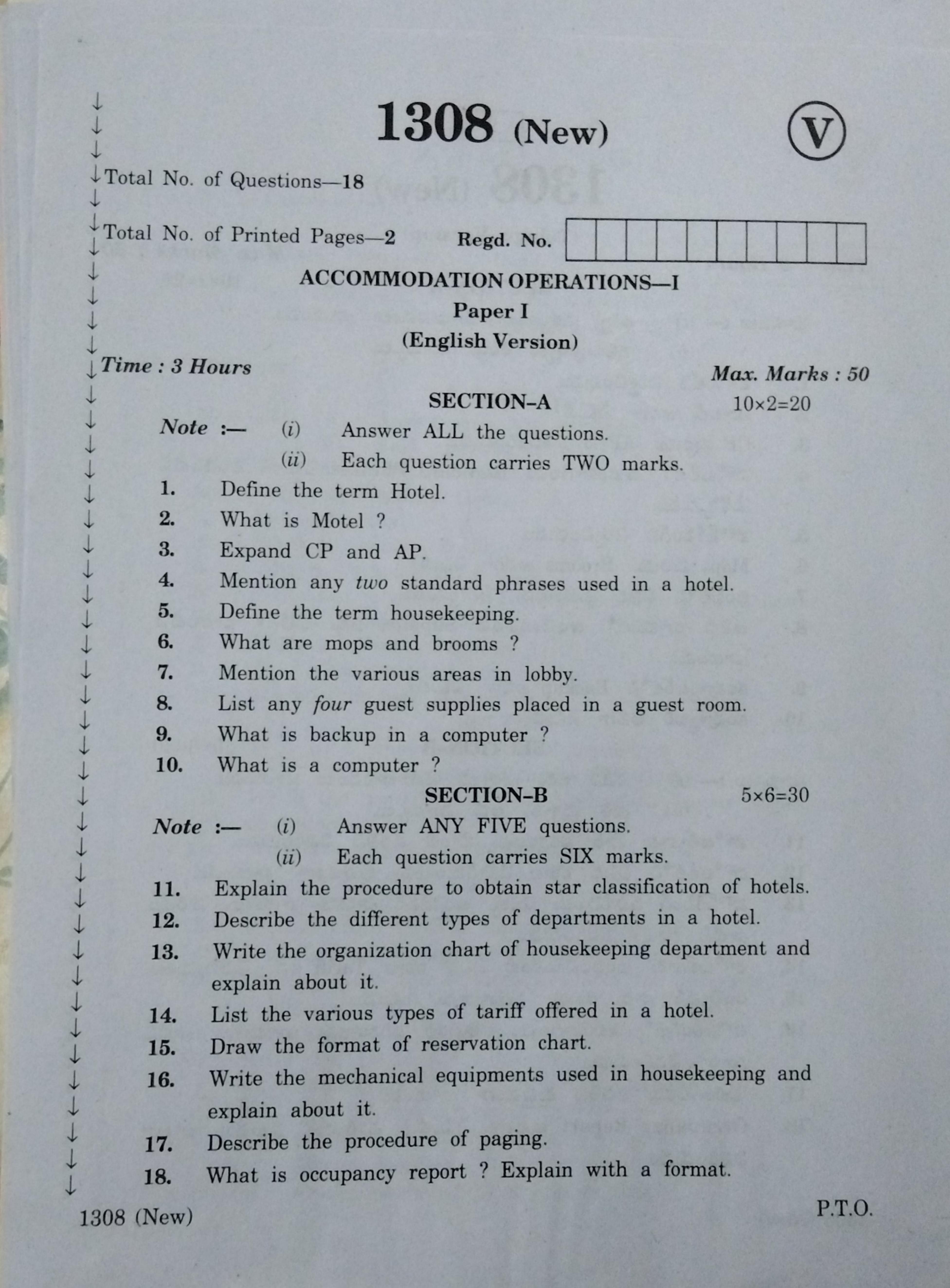 AP Inter 2nd Year Vocational Question Paper March - 2020 - Accommodation Operations - I - Page 1