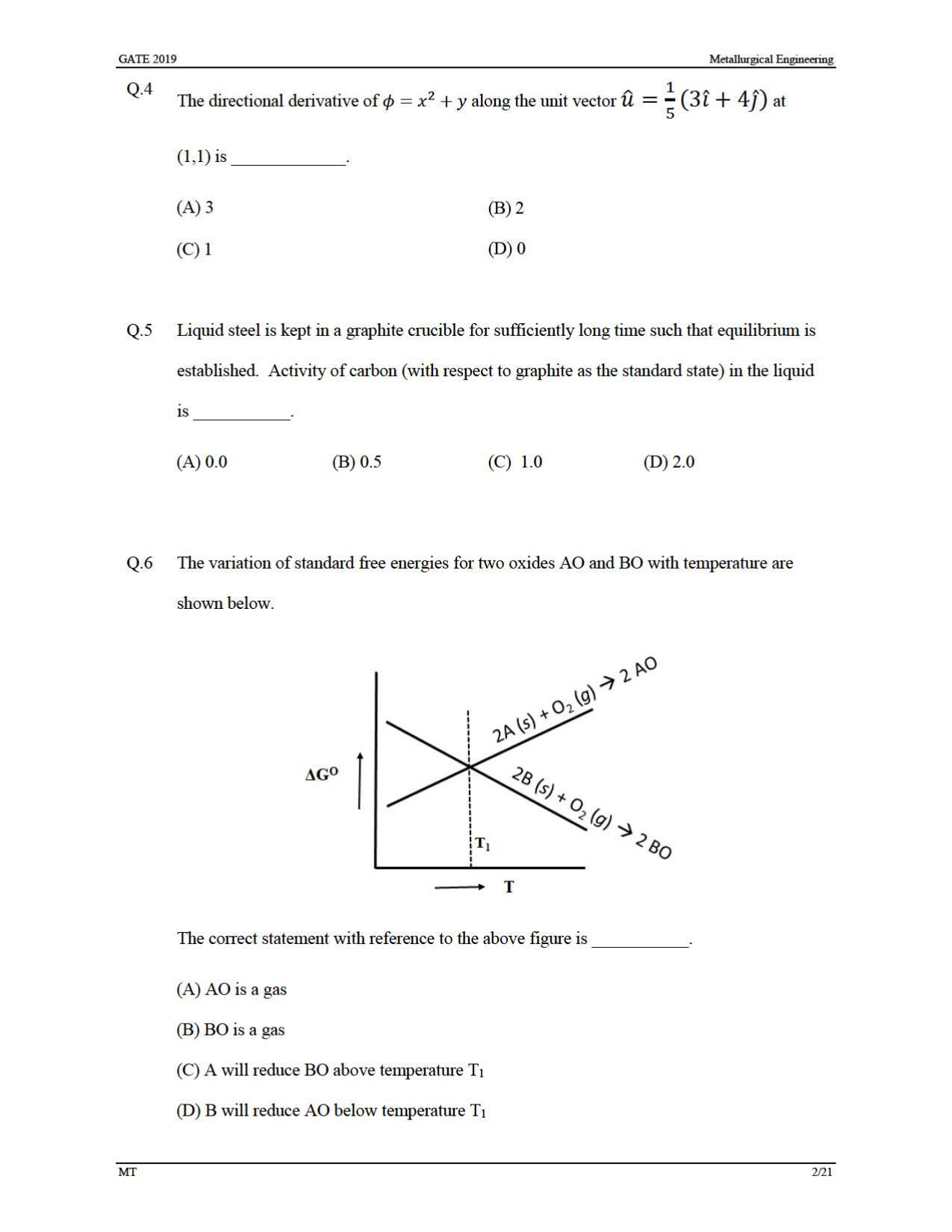 GATE 2019 Metallurgical Engineering (MT) Question Paper - Page 5