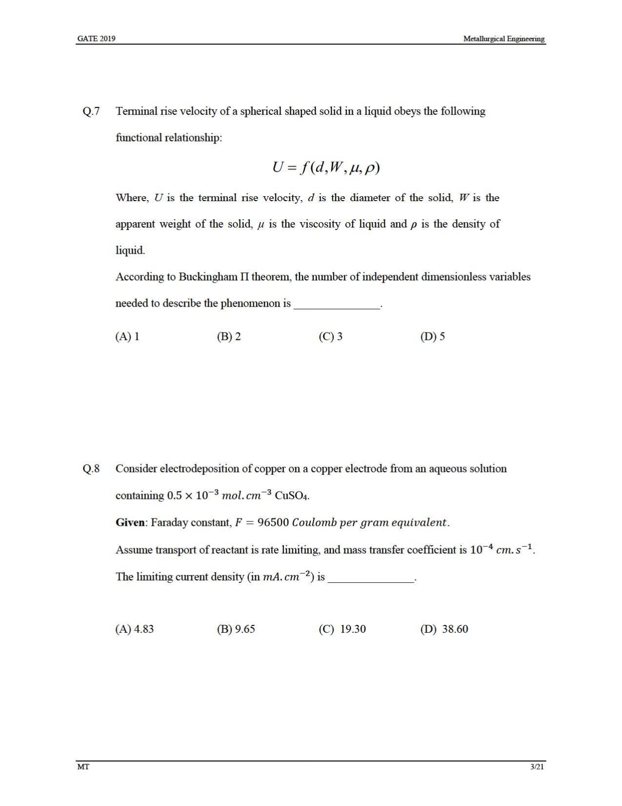 GATE 2019 Metallurgical Engineering (MT) Question Paper - Page 6