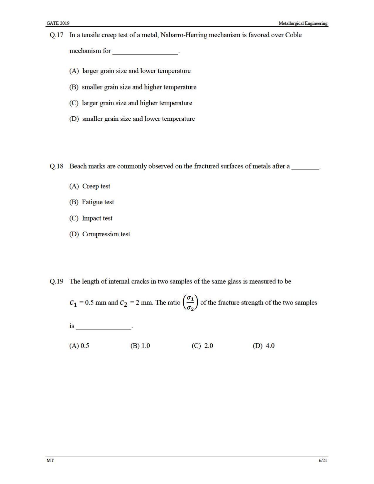 GATE 2019 Metallurgical Engineering (MT) Question Paper - Page 9