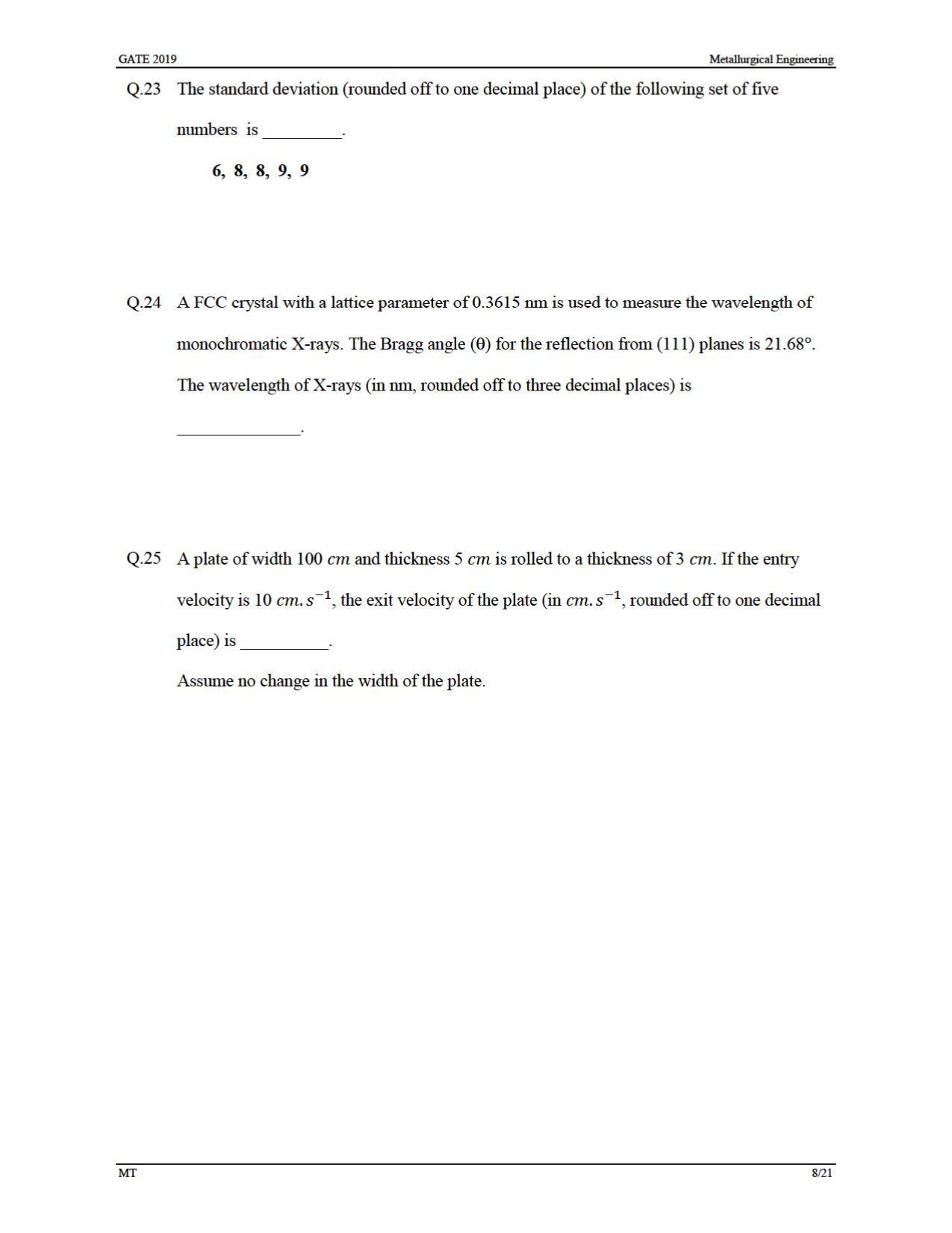 GATE 2019 Metallurgical Engineering (MT) Question Paper - Page 11