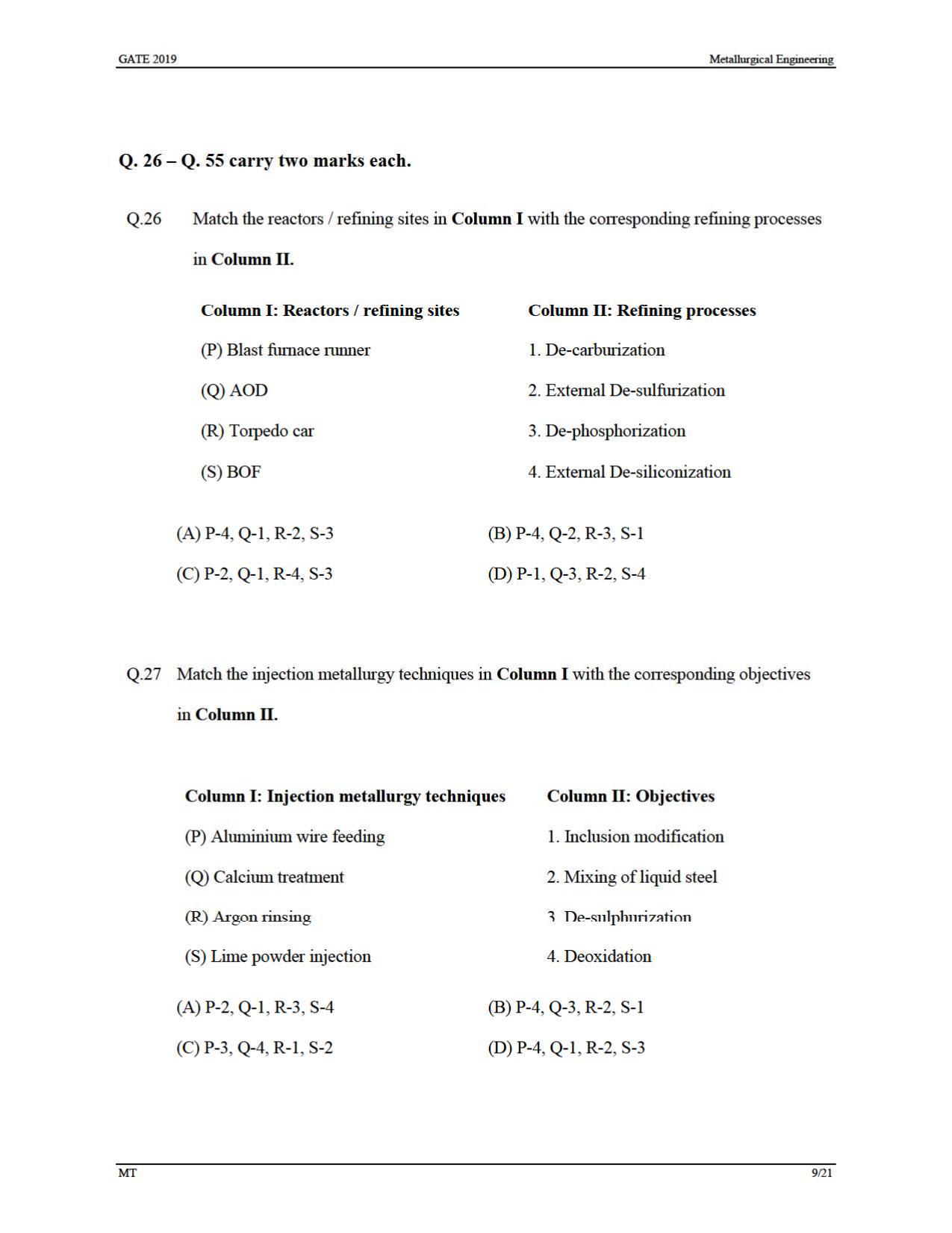 GATE 2019 Metallurgical Engineering (MT) Question Paper - Page 12