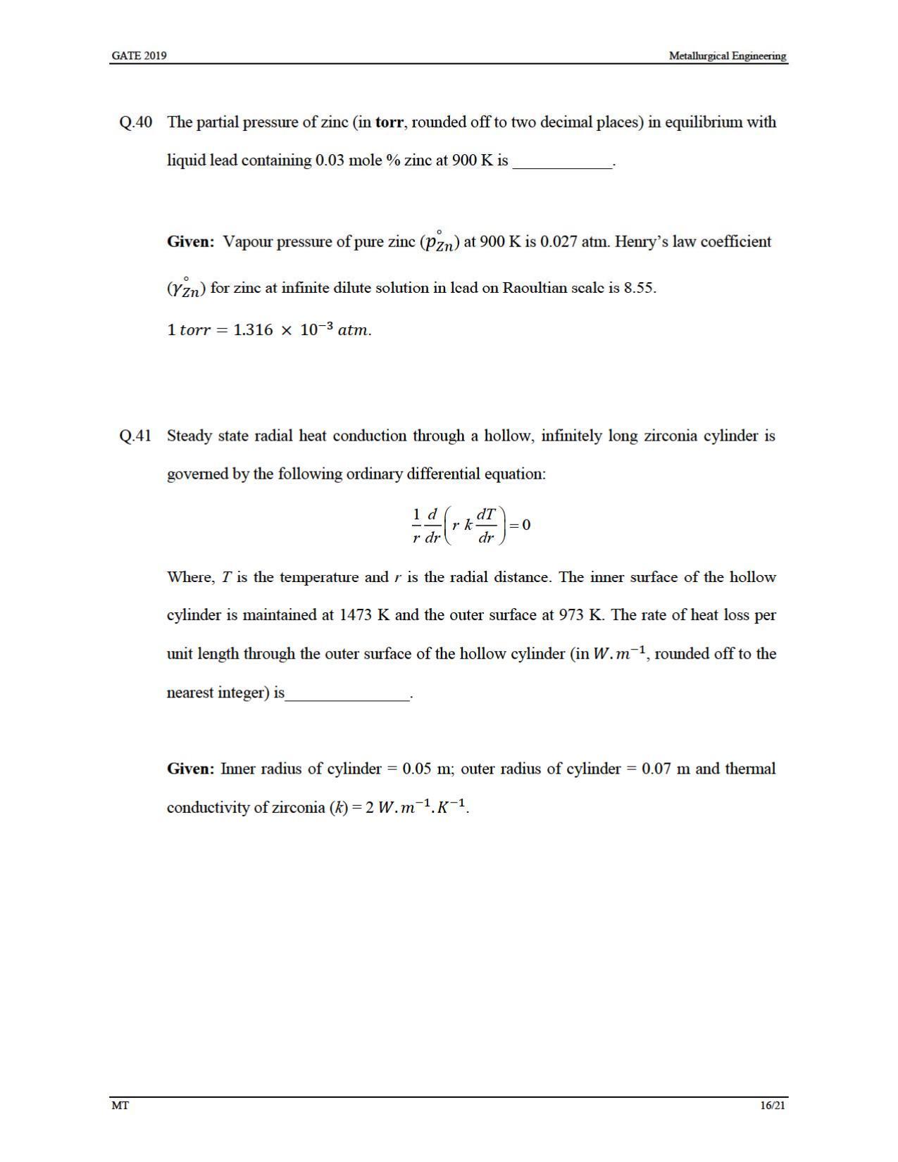 GATE 2019 Metallurgical Engineering (MT) Question Paper - Page 19