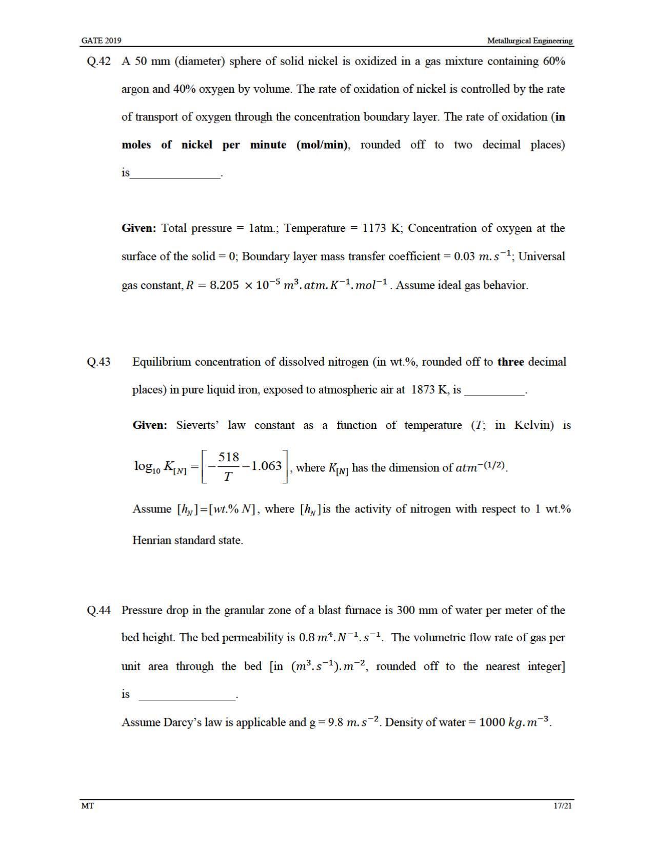 GATE 2019 Metallurgical Engineering (MT) Question Paper - Page 20
