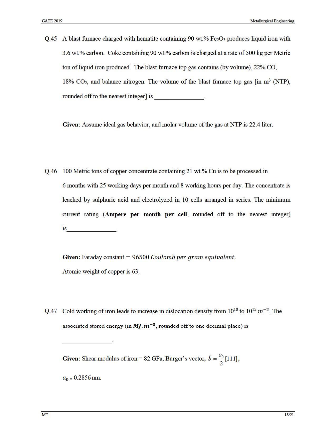 GATE 2019 Metallurgical Engineering (MT) Question Paper - Page 21