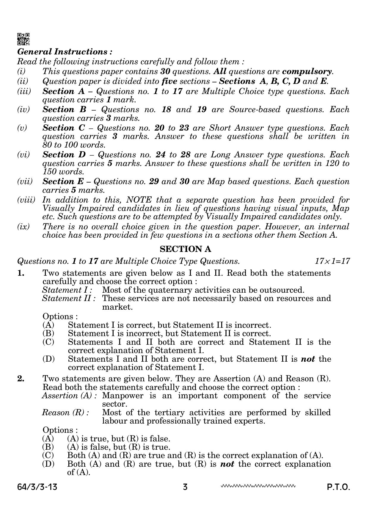 CBSE Class 12 64-3-3 Geography 2024 Question Paper - Page 3