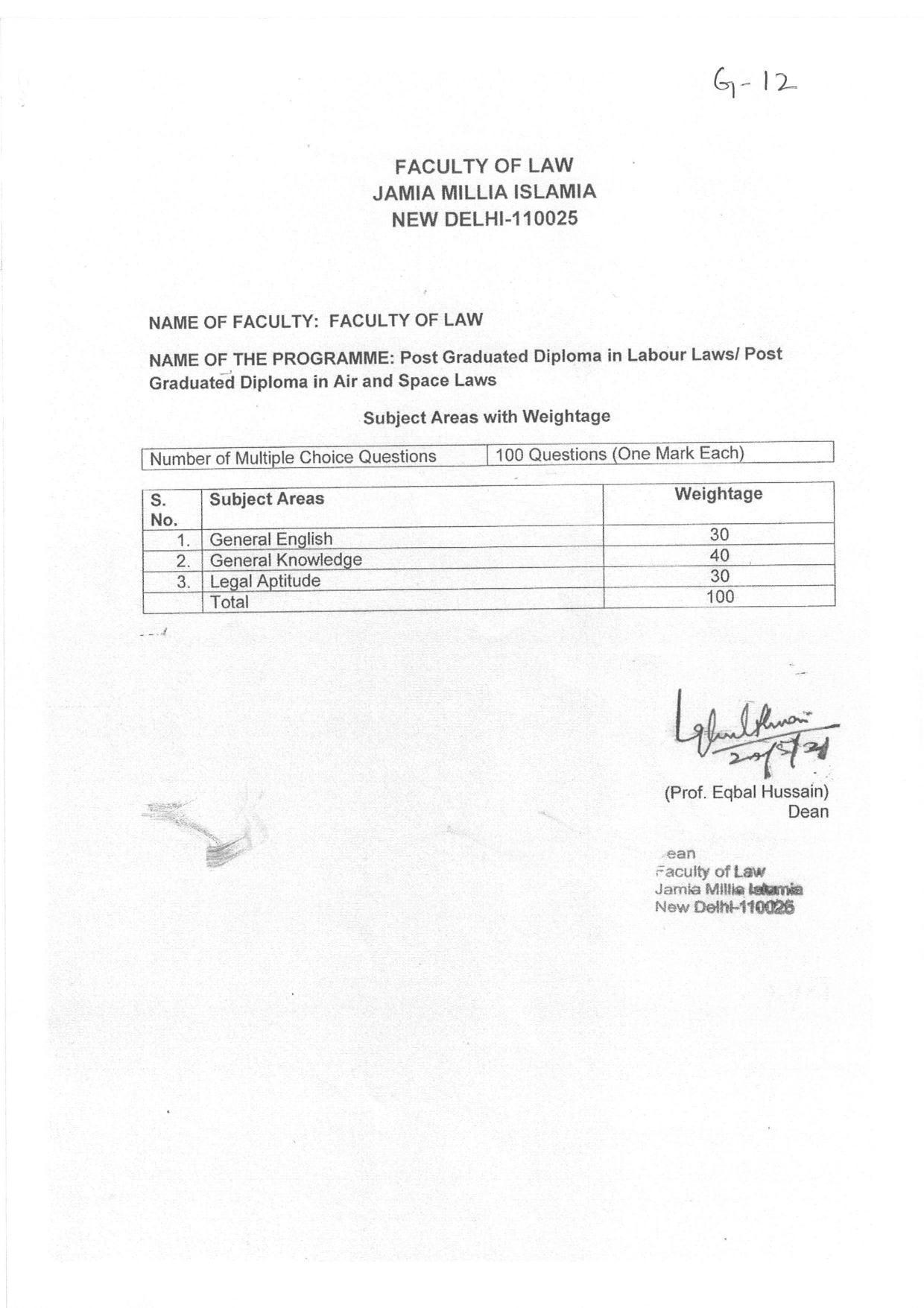 JMI Entrance Exam G12-P.G. Diploma in Air Space Law (Self Financed) Syllabus - Page 1