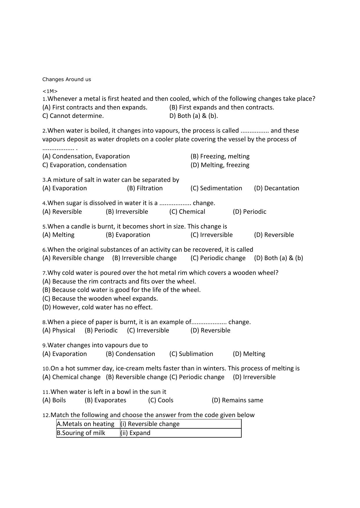 CBSE Worksheets for Class 6 Science Changes Around Us Assignment 5 - Page 1