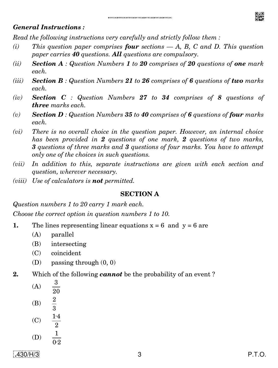CBSE Class 10 430-C-3 - Maths (Basic) 2020 Compartment Question Paper - Page 3