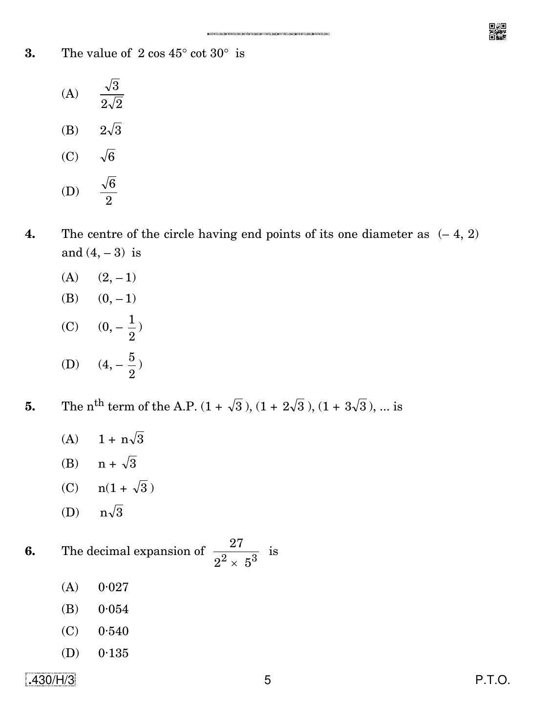 CBSE Class 10 430-C-3 - Maths (Basic) 2020 Compartment Question Paper - Page 5