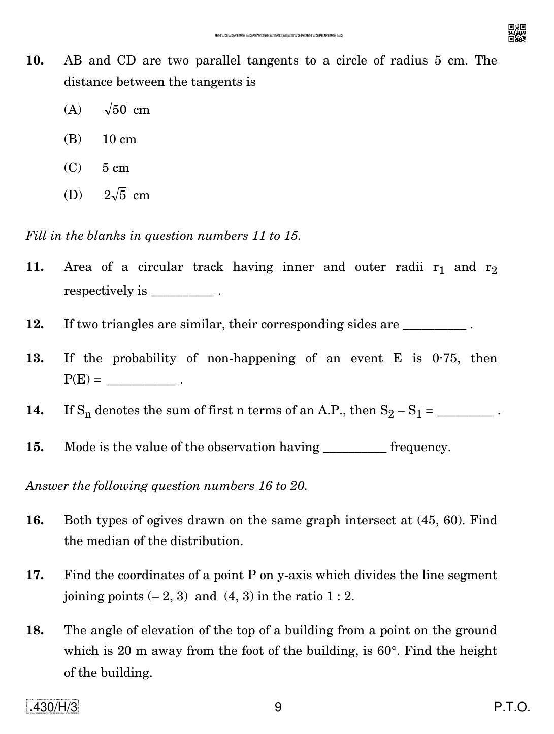 CBSE Class 10 430-C-3 - Maths (Basic) 2020 Compartment Question Paper - Page 9