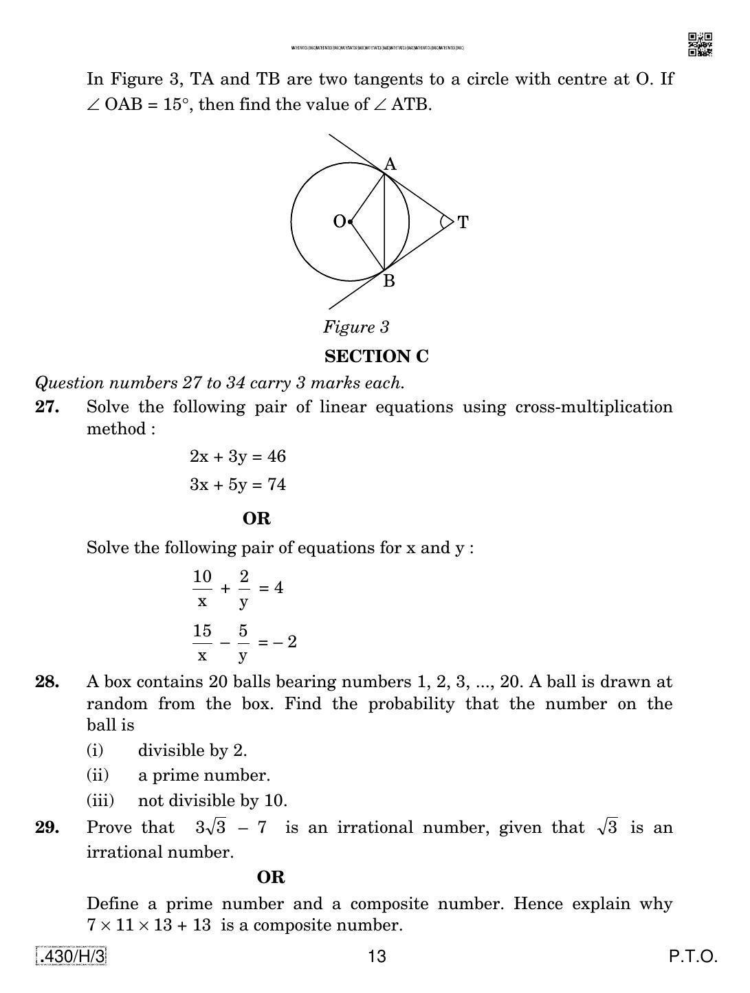 CBSE Class 10 430-C-3 - Maths (Basic) 2020 Compartment Question Paper - Page 13