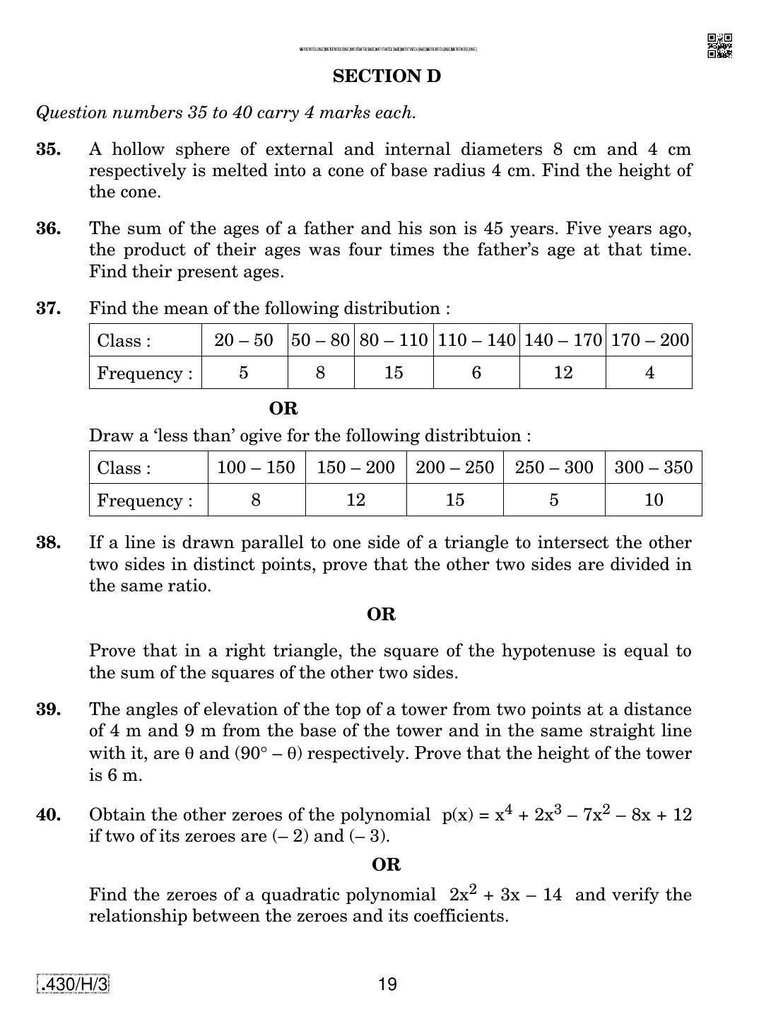 CBSE Class 10 430-C-3 - Maths (Basic) 2020 Compartment Question Paper - Page 19