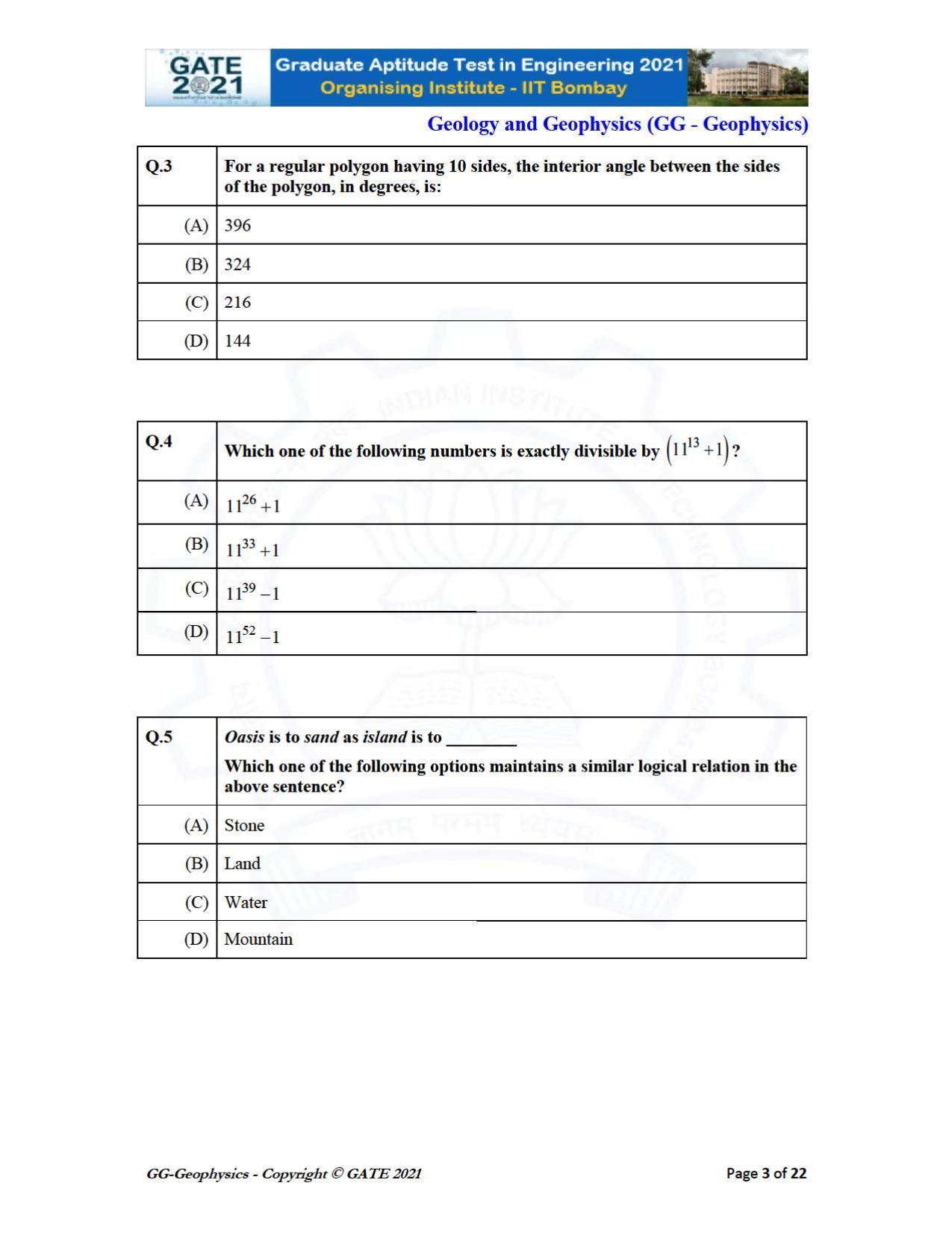 GATE 2021 Geology & Geophysics (GG) Question Paper - Page 3