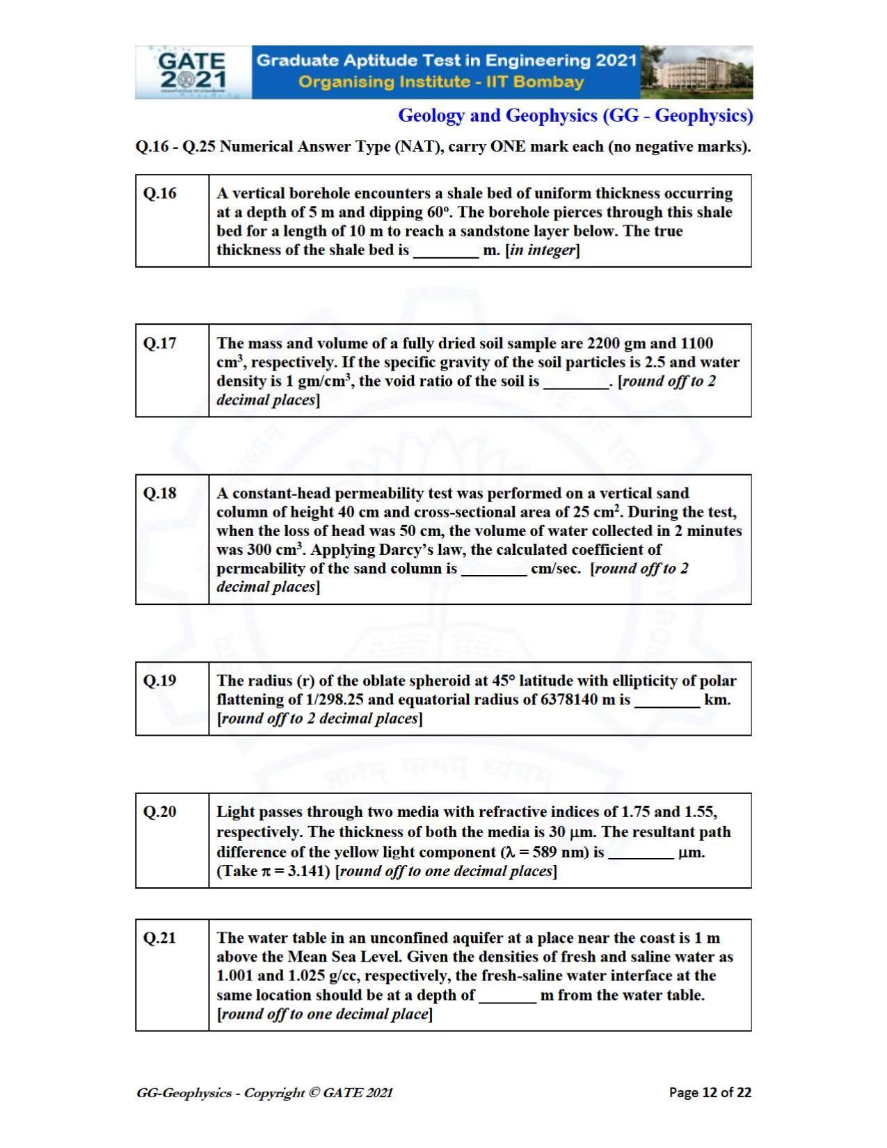 GATE 2021 Geology & Geophysics (GG) Question Paper - Page 12
