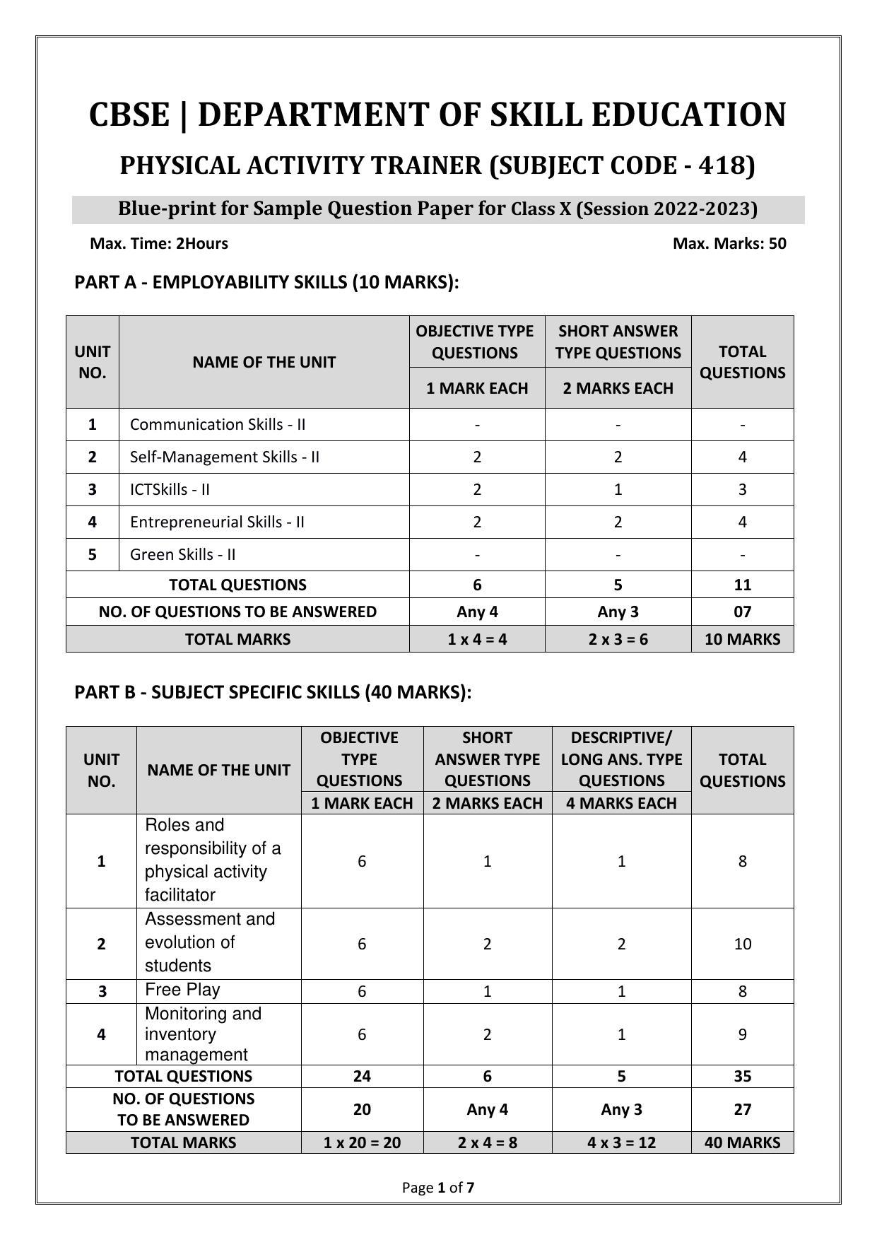 CBSE Class 10 (Skill Education) Physical Activity Trainer Sample Papers 2023 - Page 1