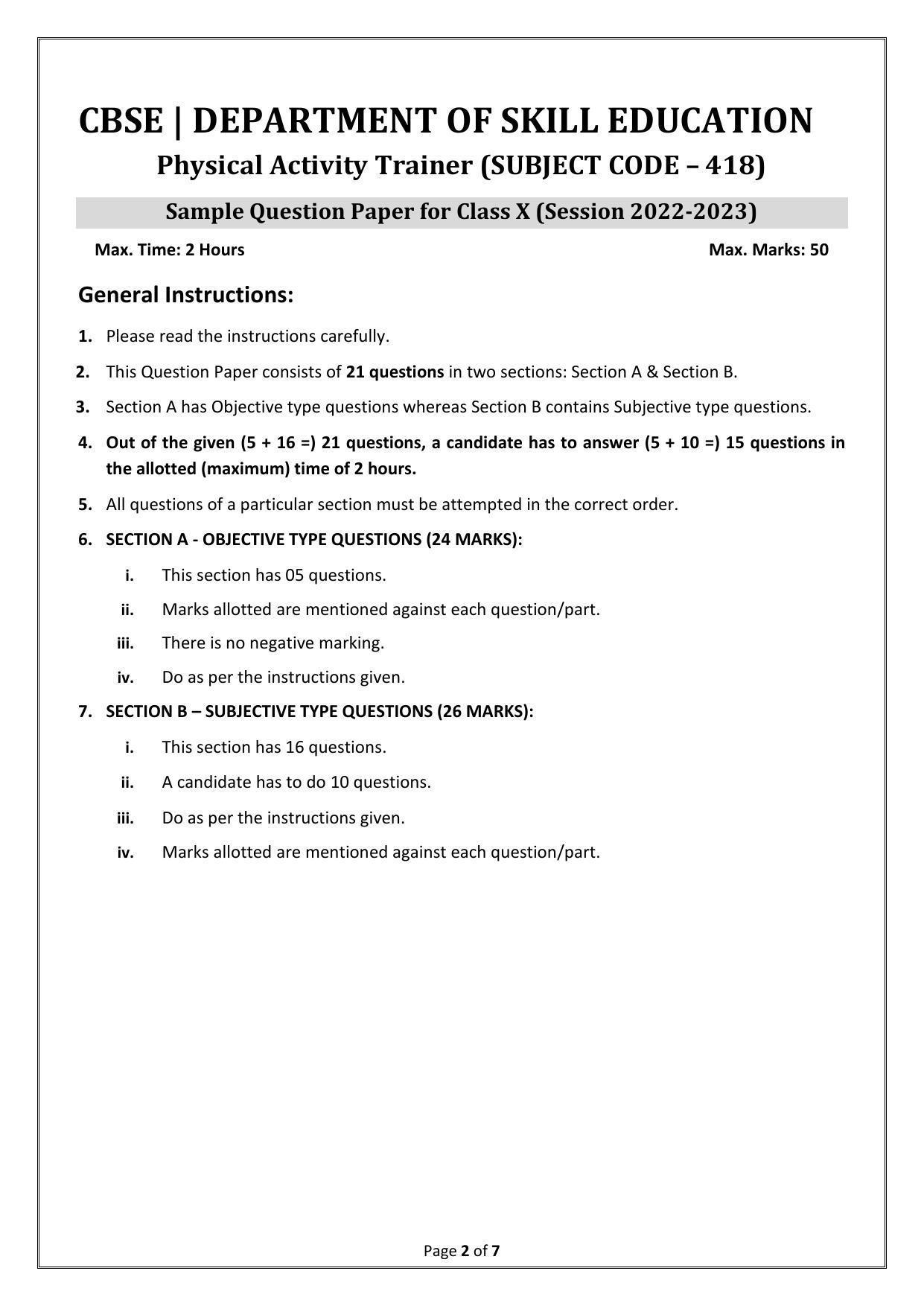 CBSE Class 10 (Skill Education) Physical Activity Trainer Sample Papers 2023 - Page 2
