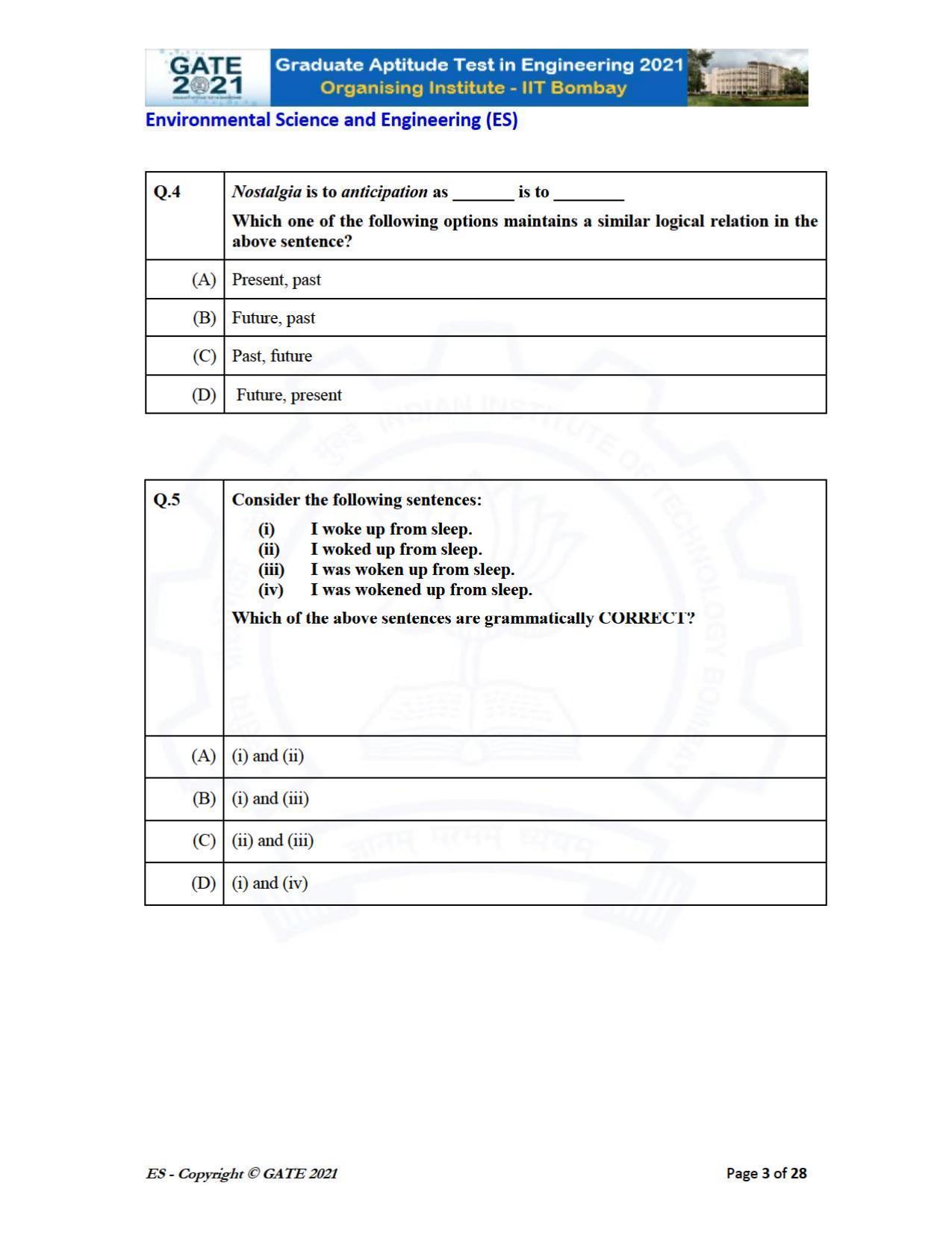 GATE 2021 Environmental Science & Engineering (ES) Question Paper - Page 3