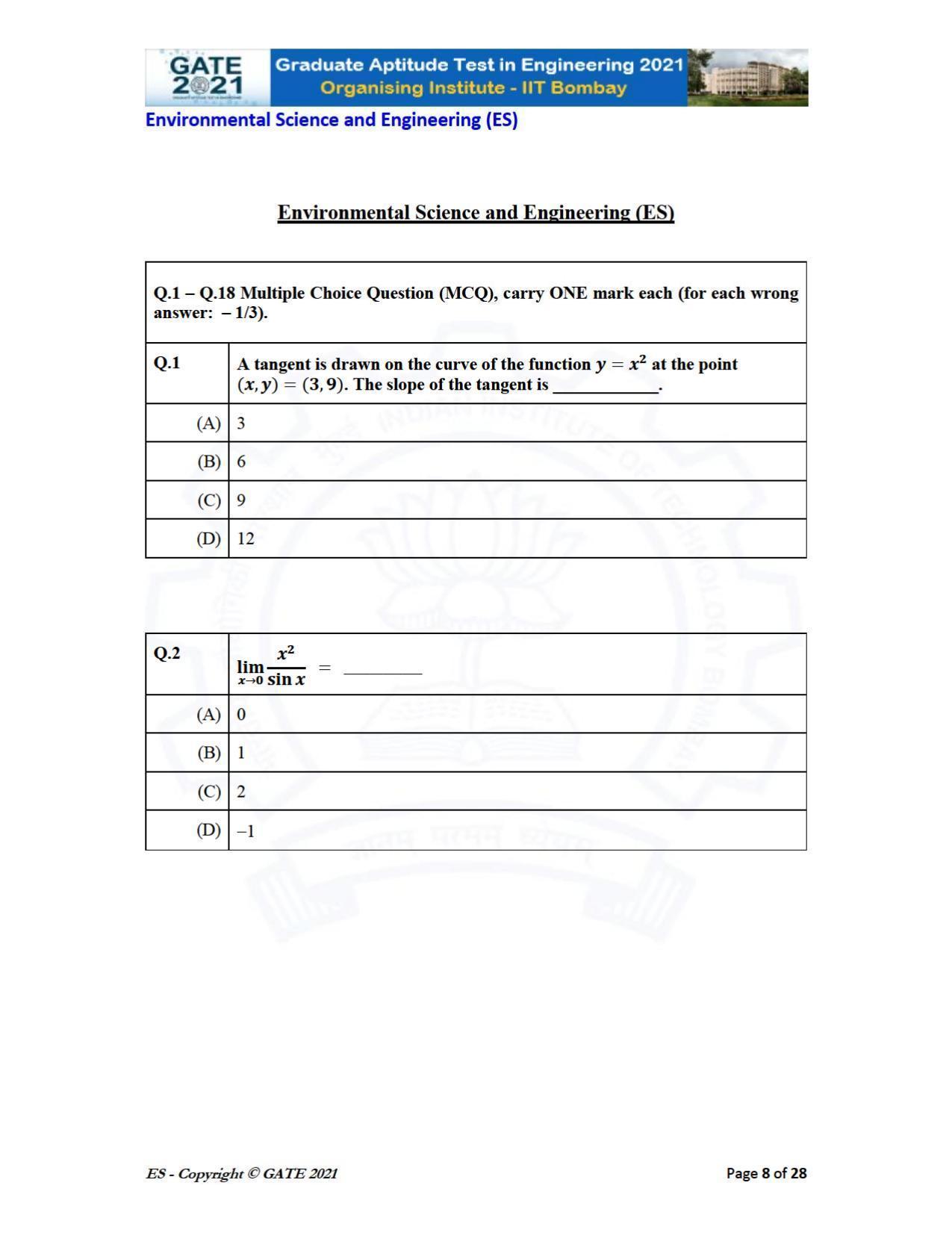 GATE 2021 Environmental Science & Engineering (ES) Question Paper - Page 8